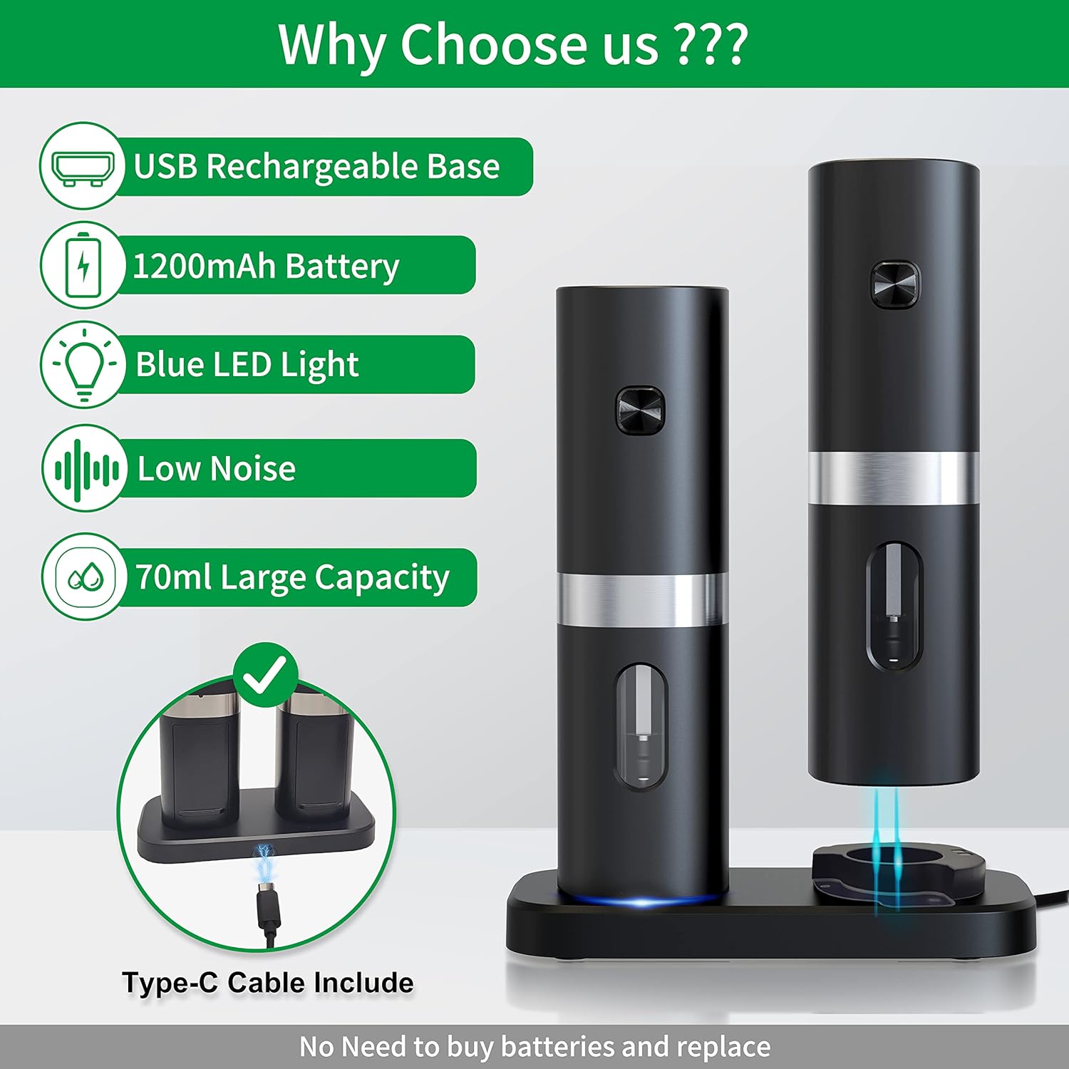 Juego de molinillo eléctrico de sal y pimienta, recargable con base recargable, 2 molinillos de grosor ajustables con cuchara, cables USB (negro