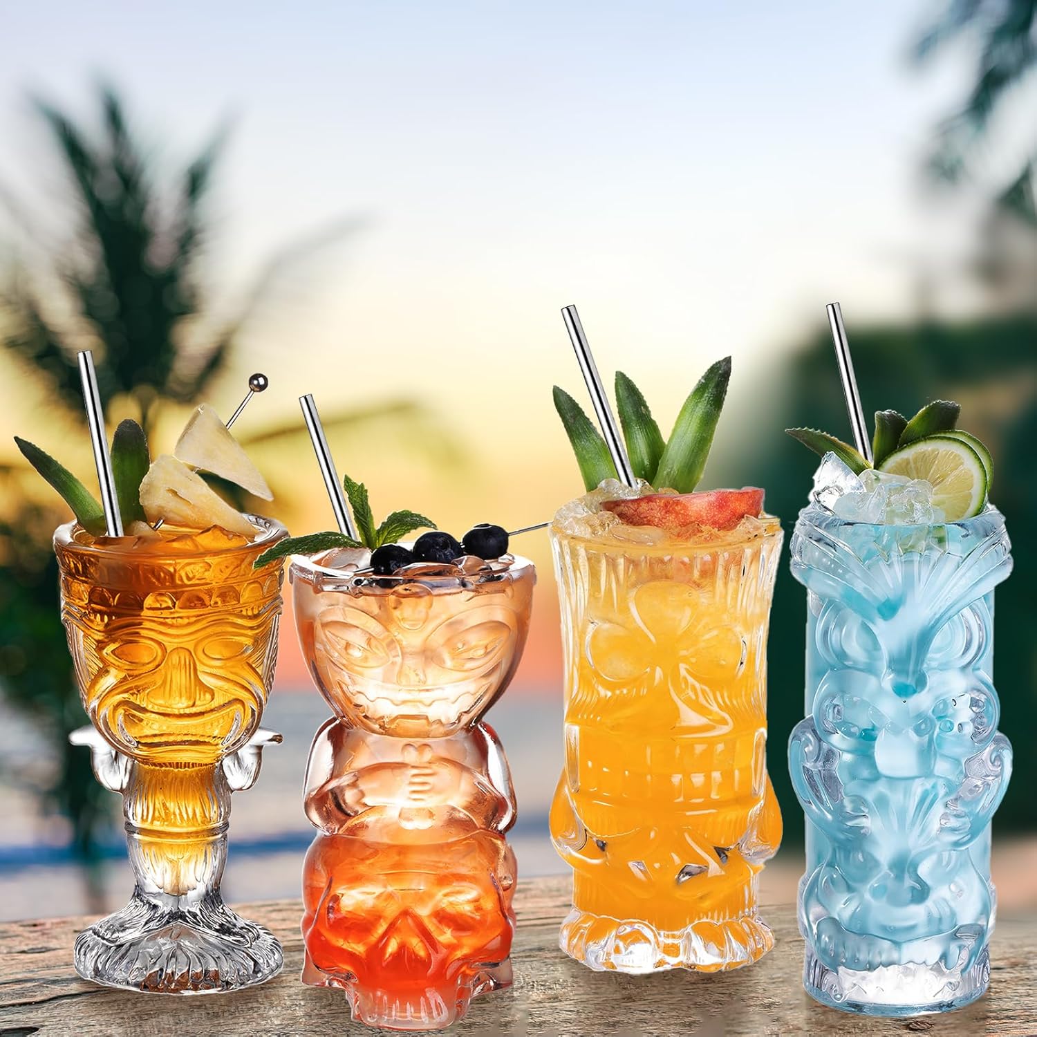 Juego de 4 vasos Tiki transparentes, vasos de cóctel exóticos tropicales con pajitas y posavasos, tazas Tiki estilo hawaiano para Mai Tai, Zombie y