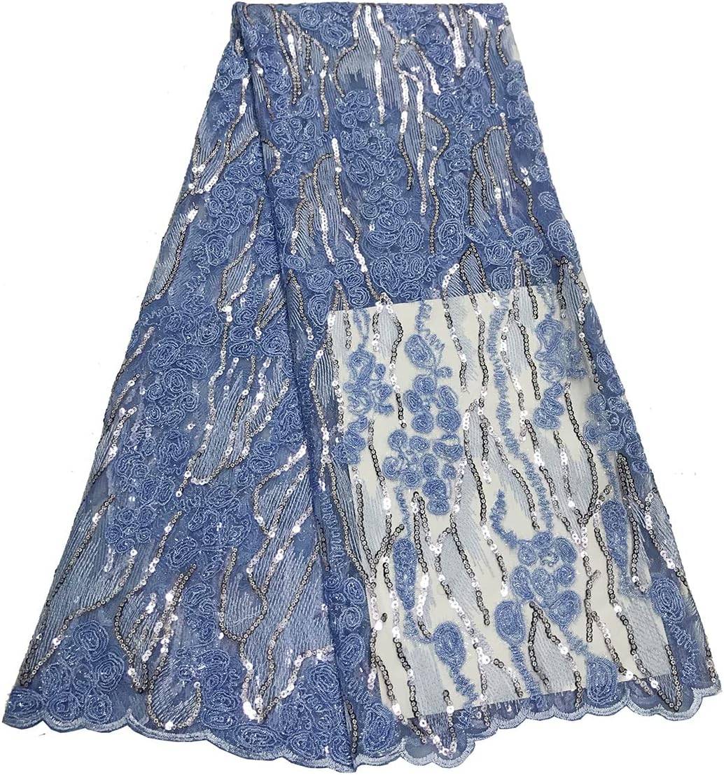 Tngan Tela de encaje de lentejuelas elegante bordado floral africano encaje purpurina nigeriana tul red para coser vestido de novia, 5 yardas, azul