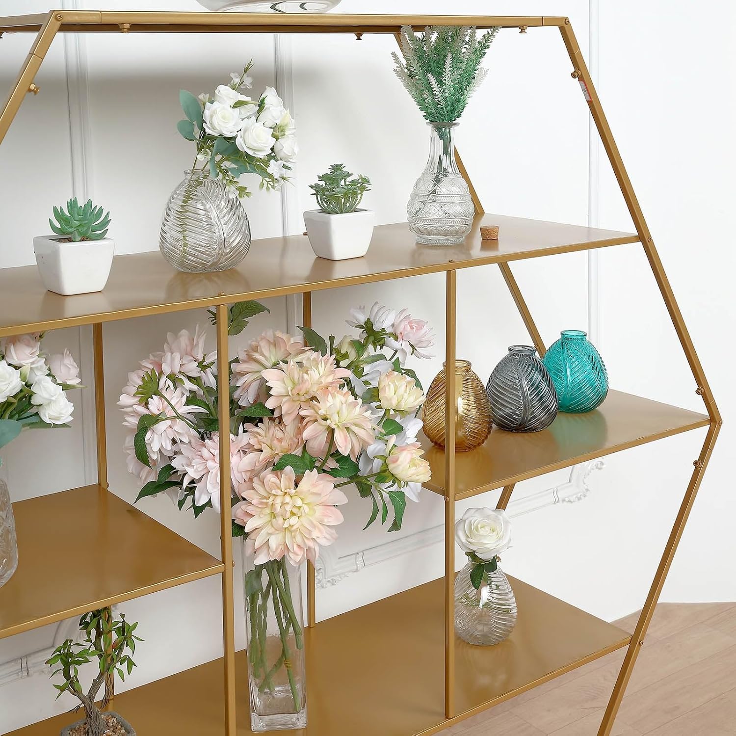 Efavormart – Soporte hexagonal grande de metal dorado para postres para tartas y postres, telón de fondo de arco de boda, estante para globos,