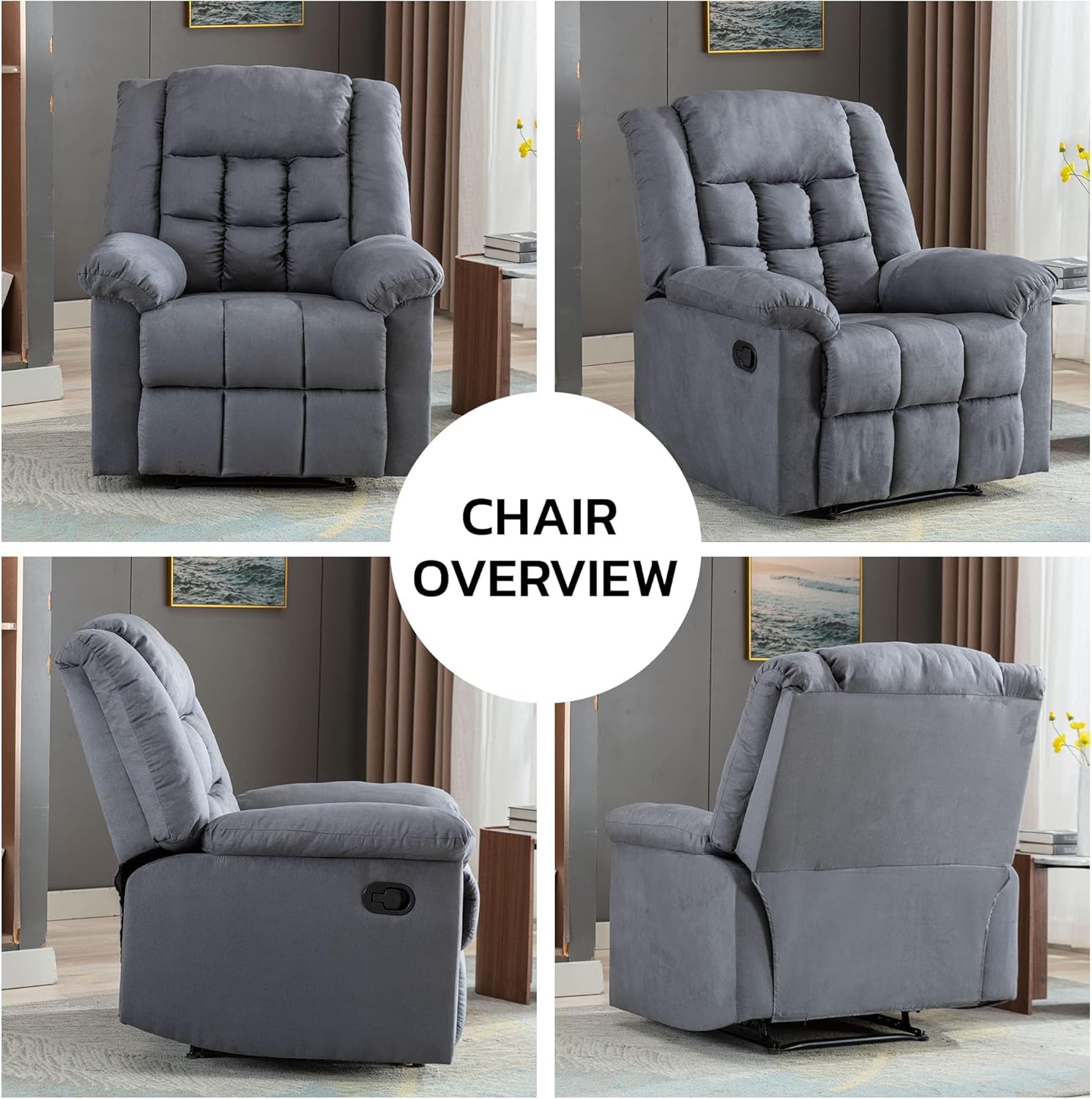 Silla reclinable manual clásica con reposacabezas y reposabrazos acolchados suaves, sofá individual con relleno para sala de estar, dormitorio, gris