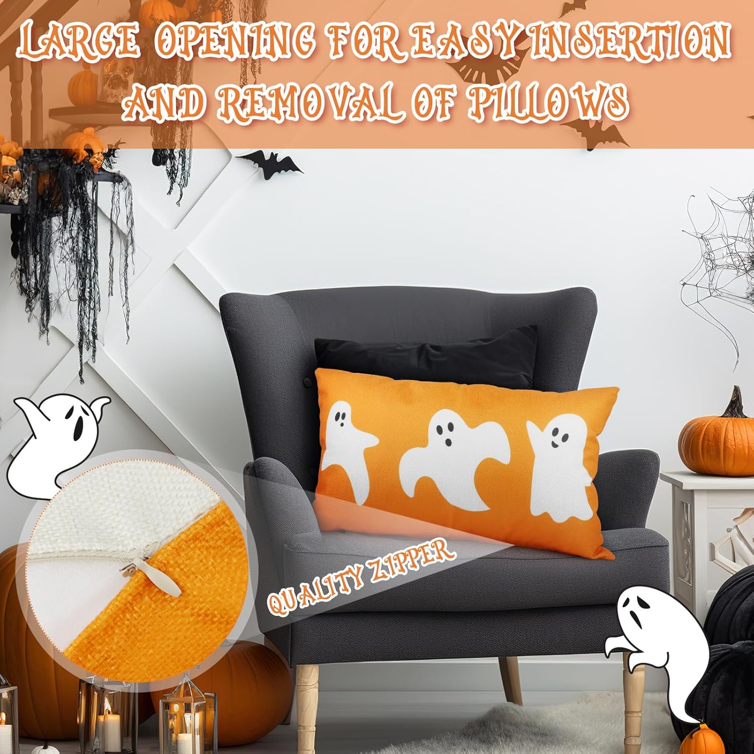 Funda de almohada de Halloween de 12 x 20 pulgadas, fantasma, Halloween, lumbar, de lino, fundas de almohada decorativas para decoración del hogar