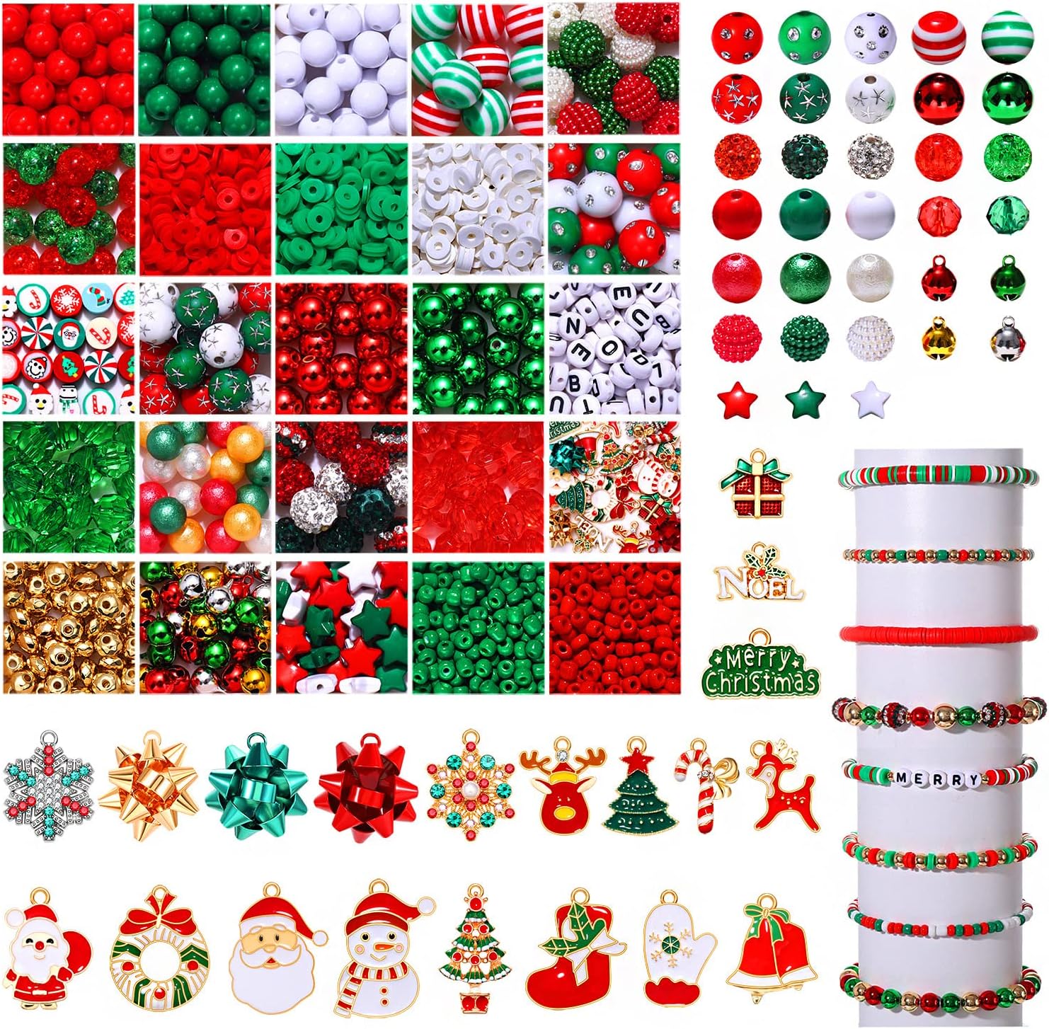 Más de 2400 cuentas de Navidad para hacer joyas, abalorios de Navidad esmaltados a granel, cuentas sueltas de acrílico con diamantes de imitación de