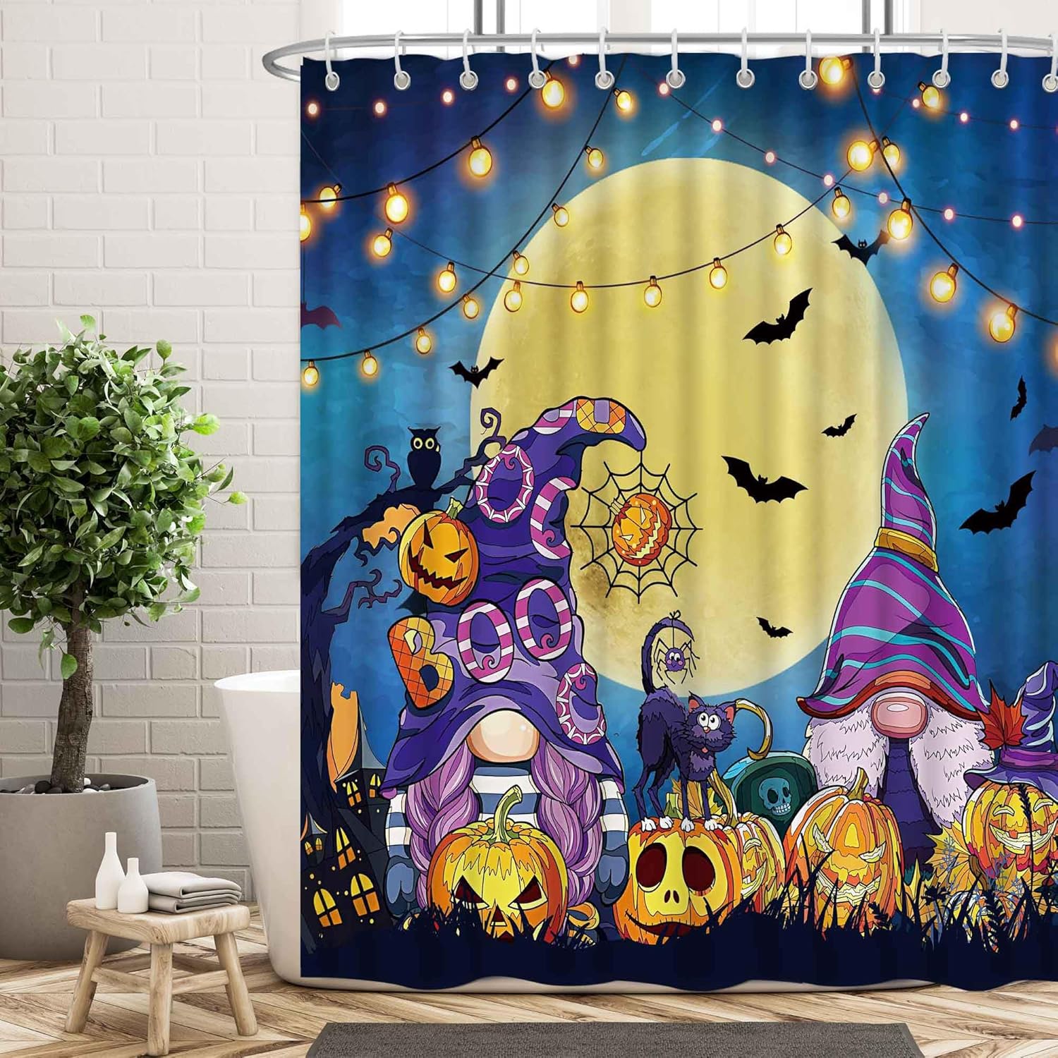 LIVUCEE Cortina de ducha de gnomos de Halloween de 72 x 72 pulgadas para baño, decoración de calabaza, noche y luna, cortina de baño de tela