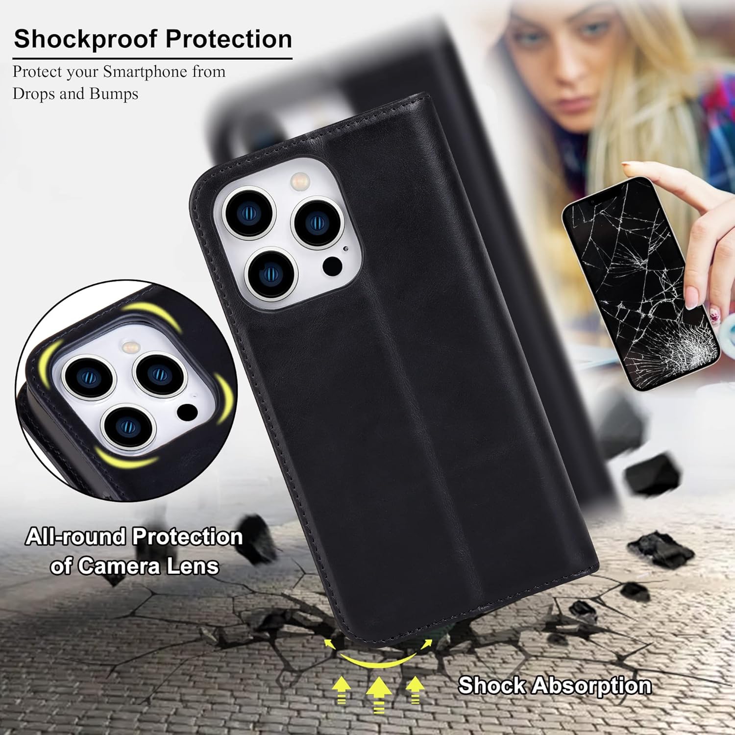 VISOUL Funda de piel auténtica compatible con el teléfono 15 Pro, funda magnética con tapa y soporte para tarjetas para mujeres y hombres, funda