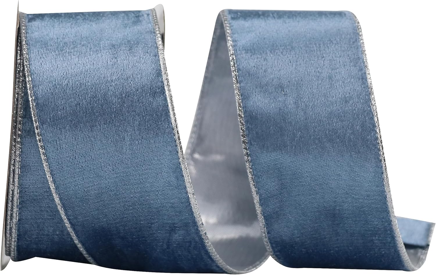Cinta de terciopelo azul polvoriento con alambre de 2.5 pulgadas x 10 yardas, cinta azul de Navidad con alambre con parte trasera metálica plateada