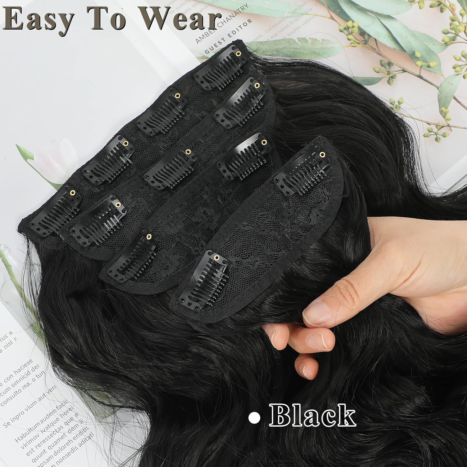 NAYOO Extensiones de cabello negro con clip, 4 piezas, extensiones de cabello ondulado y rizado, de fibra sintética de doble trama, extensiones