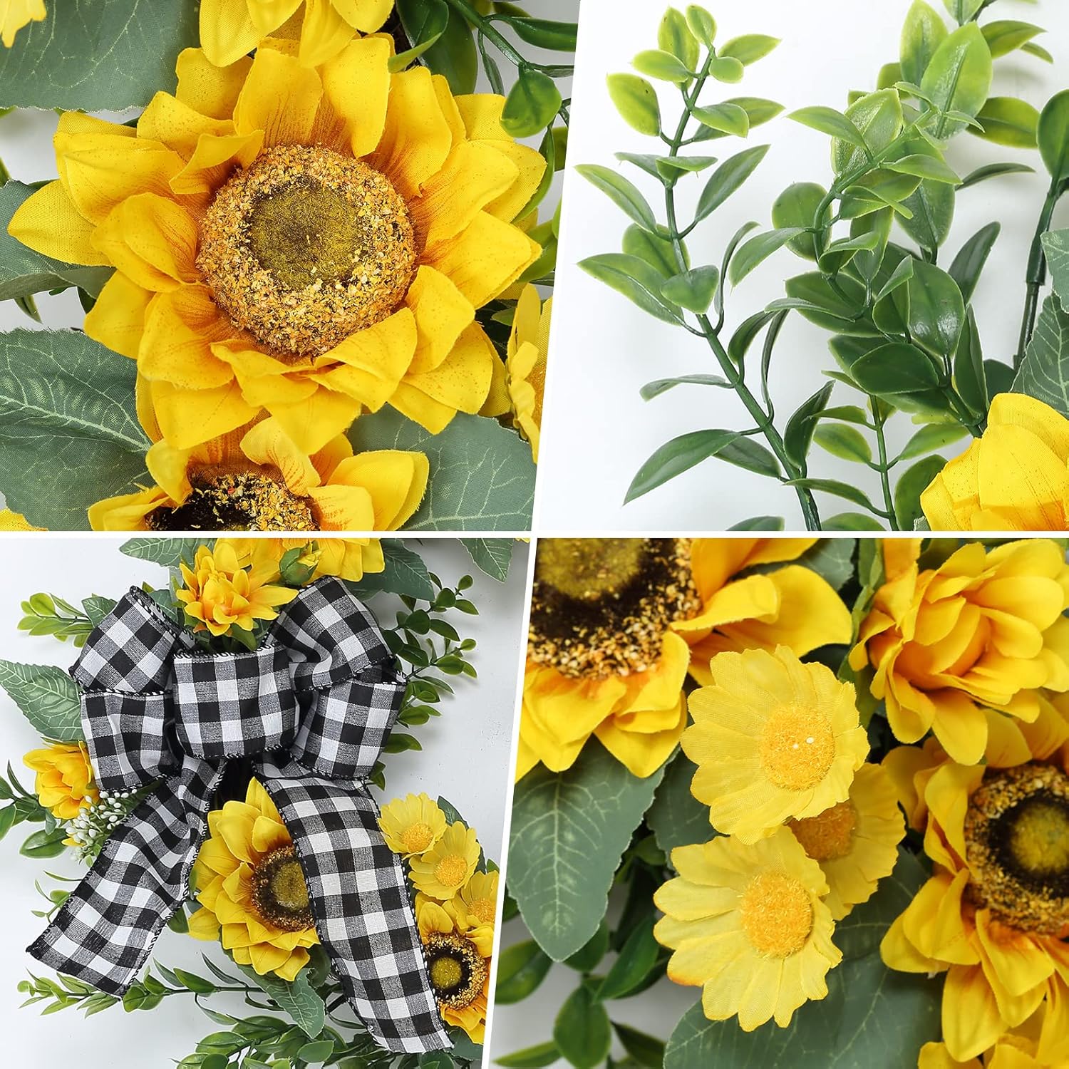 Adeeing Corona de girasol de primavera y verano para puerta delantera, decoración de girasol de 18 pulgadas con hojas verdes, lazo hecho a mano para