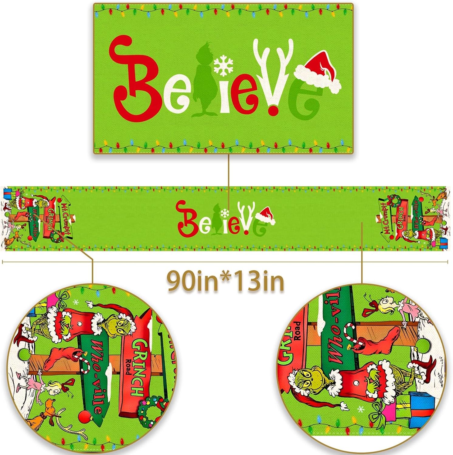 Camino de mesa Grinchmas Feliz Navidad, vacaciones de invierno, fiesta temática, cocina, comedor, decoración del hogar (verde, 13 x 90 pulgadas)