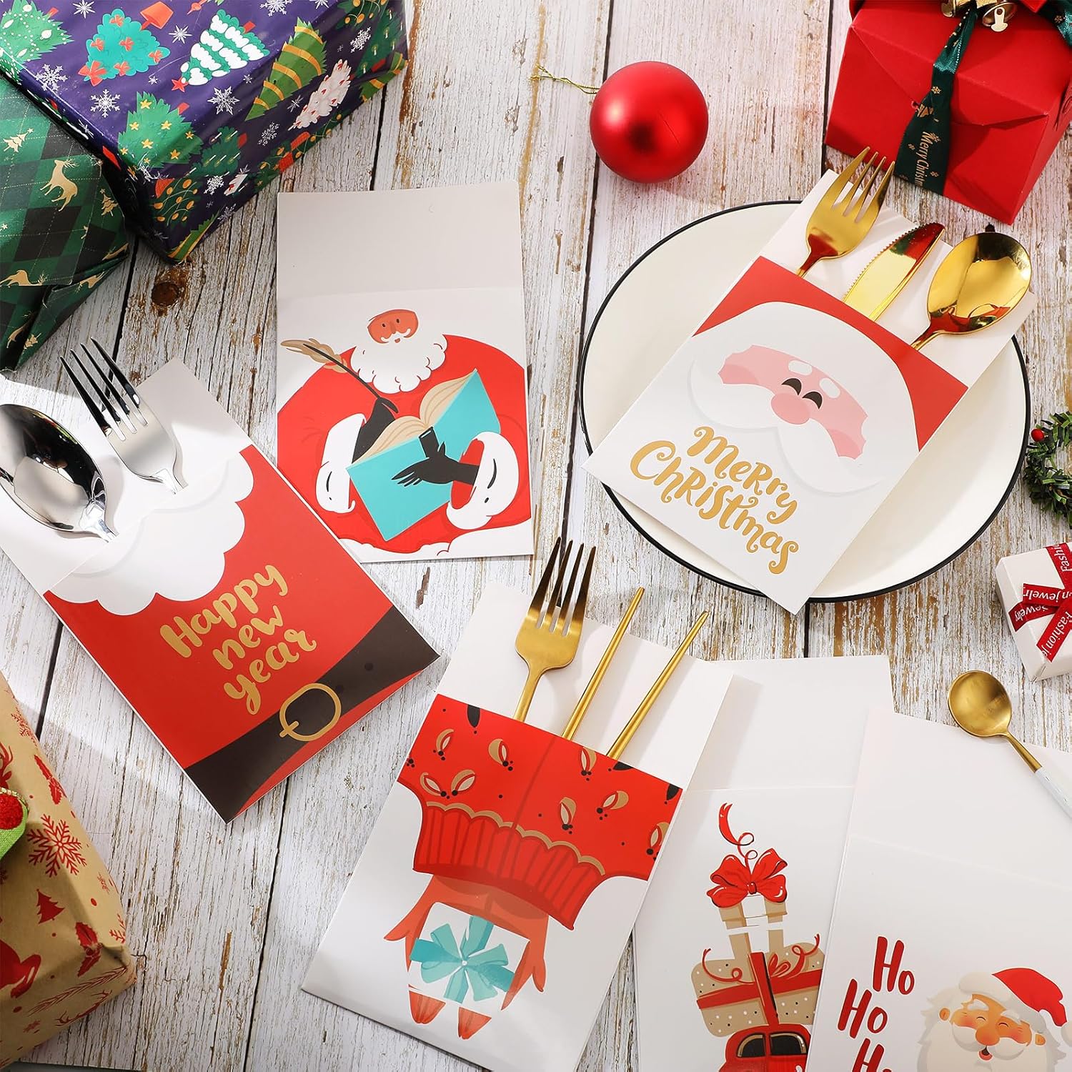 48 soportes para cubiertos de Papá Noel de Navidad, con bolsillos, soporte para cubiertos de Navidad, bolsas, cuchillos, tenedores, bolsa para