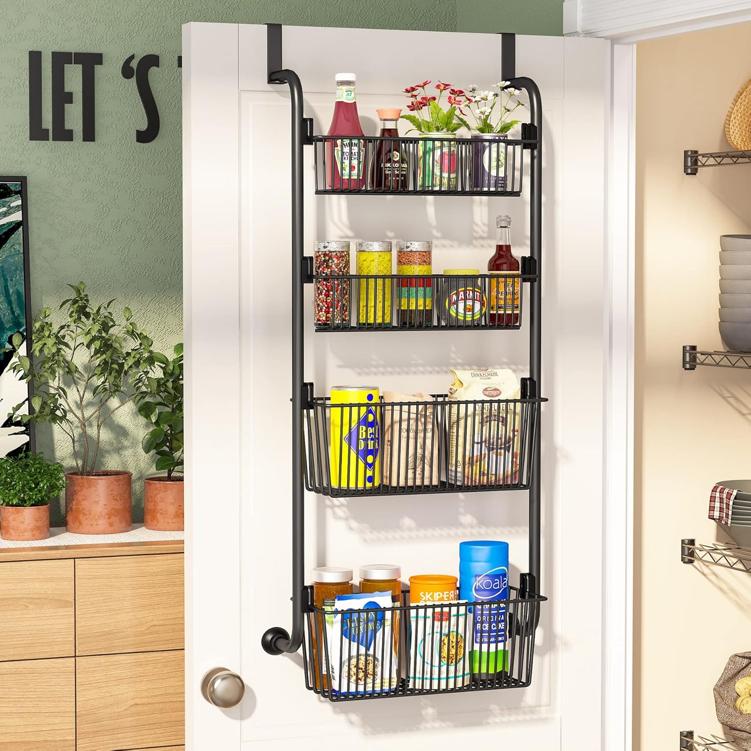 1Easylife Estante organizador sobre la puerta, 4 cestas de organización y almacenamiento de puerta de despensa, estante de especias de cocina de
