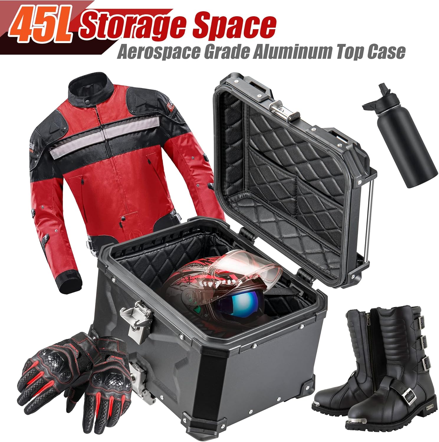 Kumaziin Top Case – Caja de aluminio para motocicleta de 45 litros con bloqueo de seguridad único, caja trasera plateada segura y duradera, fácil de