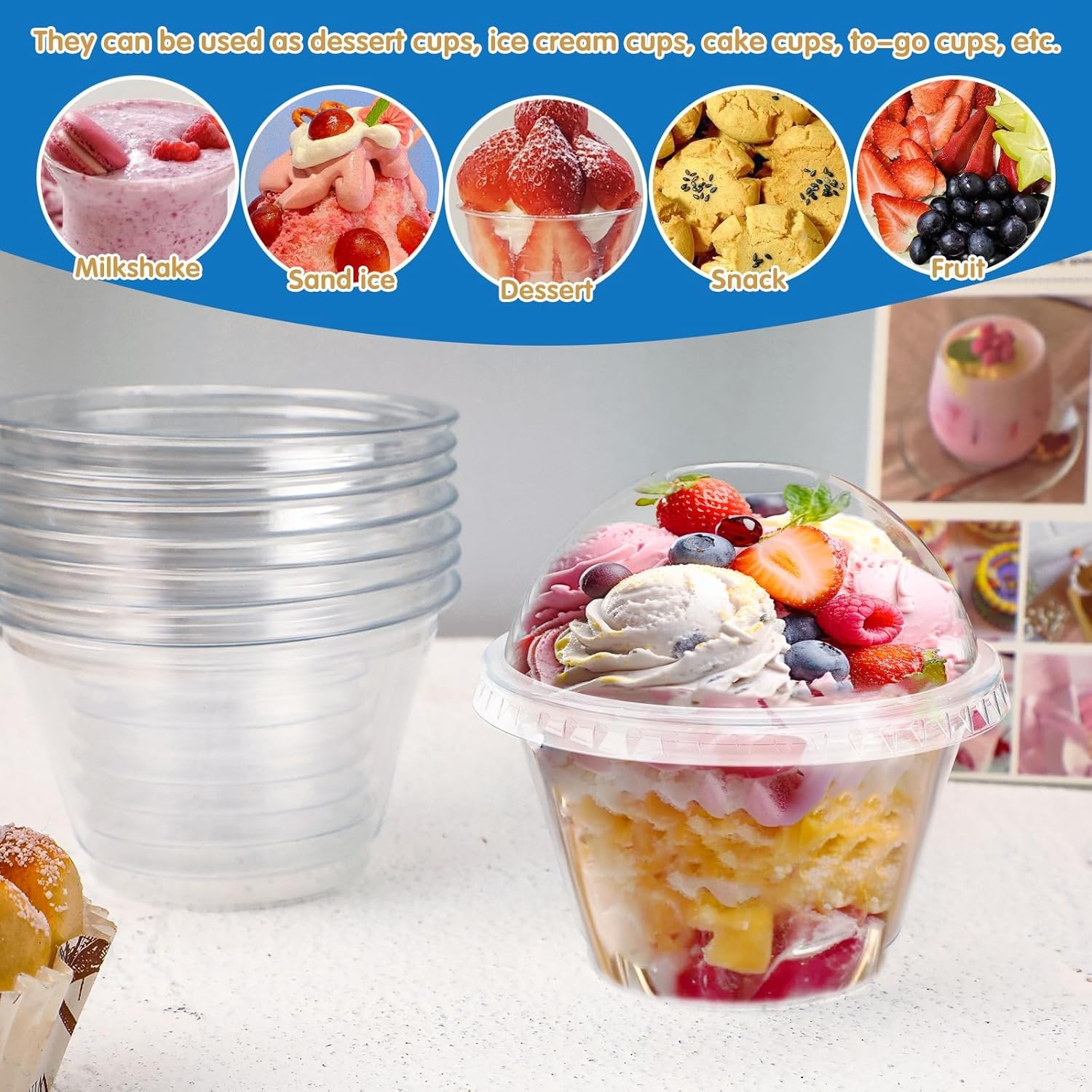 Huaiid Paquete de 50 vasos de postre de plástico transparente de 7 onzas con tapas de cúpula, vasos de plástico transparente desechables, vasos de