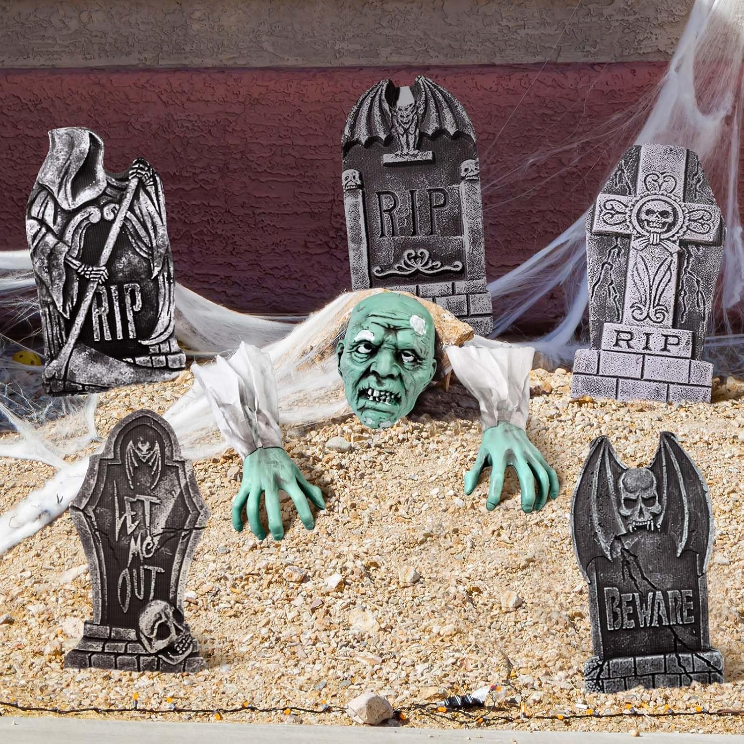 Soaoo El juego de decoración de zombi para Halloween incluye 1 estaca de esqueleto aterrador y 5 lápidas de cementerio de espuma de Halloween de 17
