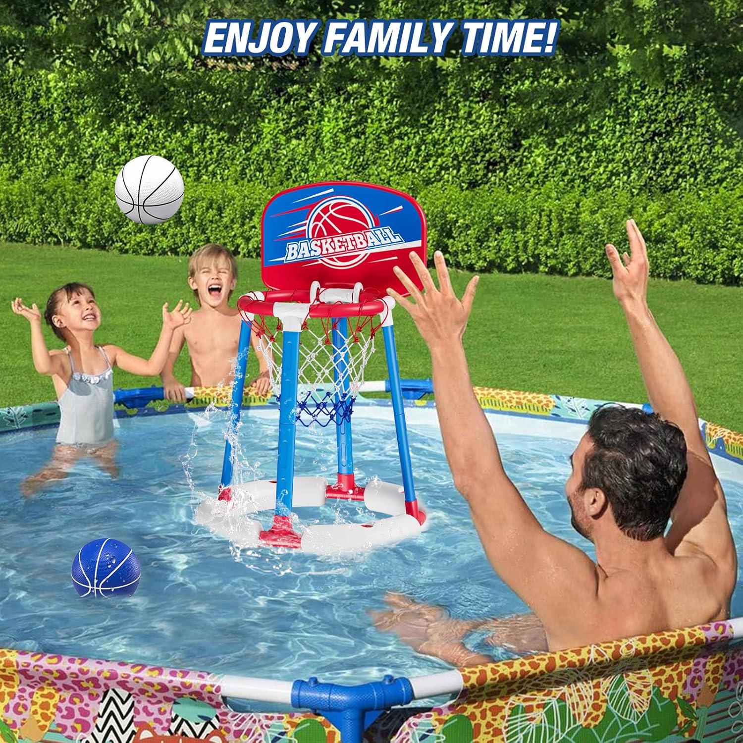 HYES Aro de baloncesto para piscina junto a la piscina con tablero, juguetes flotantes para piscina con 4 pelotas de baloncesto4 globos de