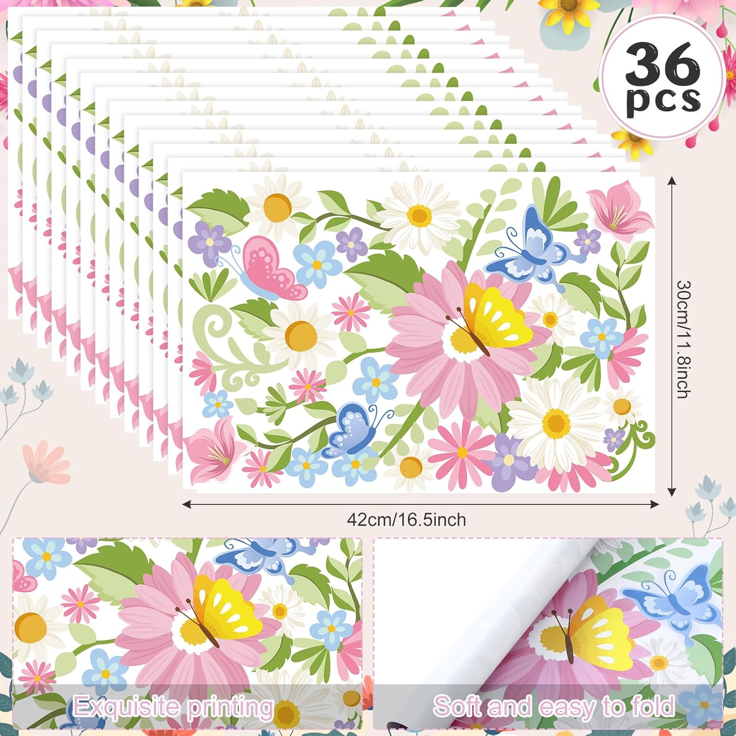 Zonon 36 manteles individuales de papel desechables de primavera y verano a granel de 16.5 x 11.8 pulgadas, diseño de mariposas y flores en colores