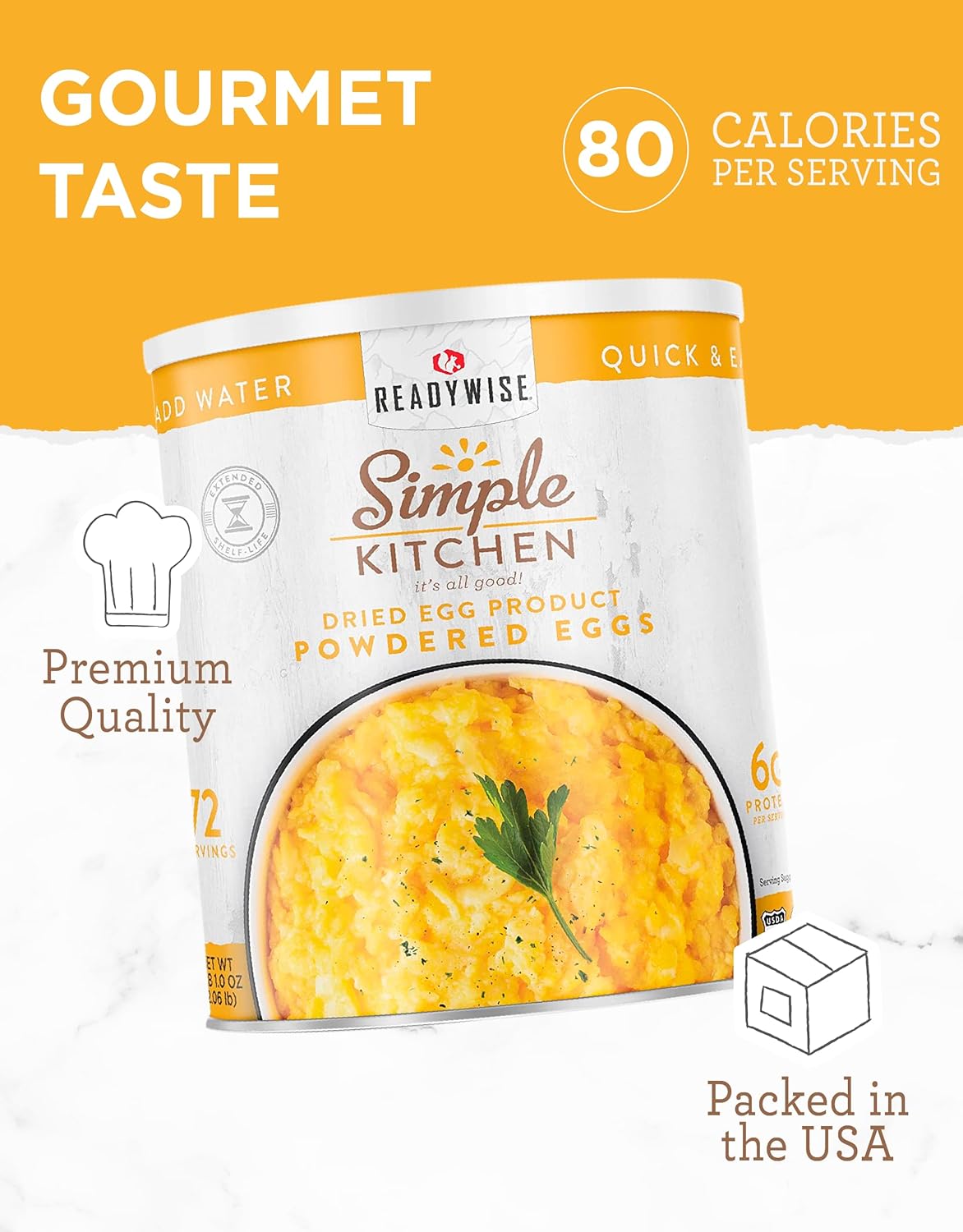 READYWISE – Cocina simple, huevos en polvo, 72 porciones, suministro de alimentos de emergencia, alimentos deshidratados, suministros para hornear,