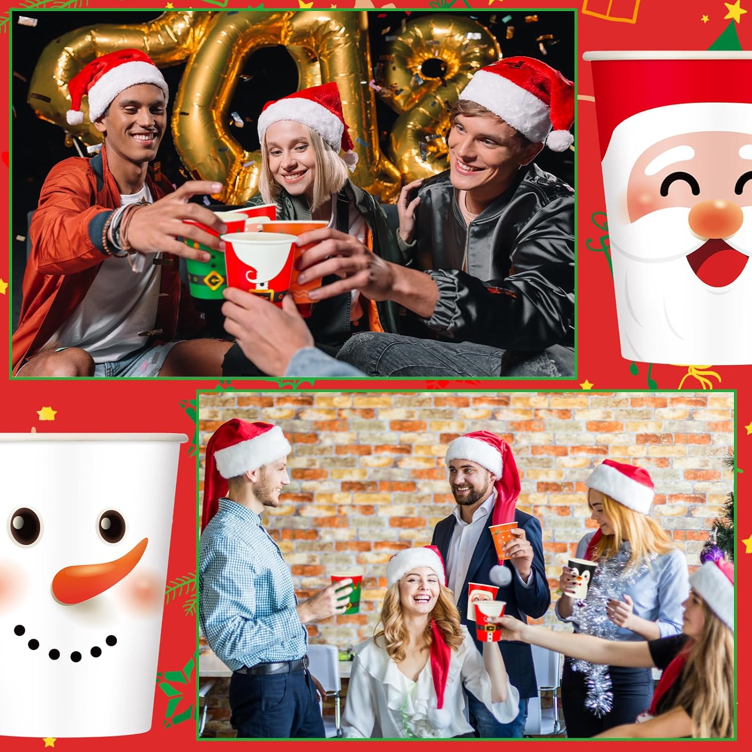 Zhehao 200 vasos de papel desechables de Navidad de 9 onzas, tazas de café desechables, Papá Noel, muñeco de nieve, alce, vasos calientes,