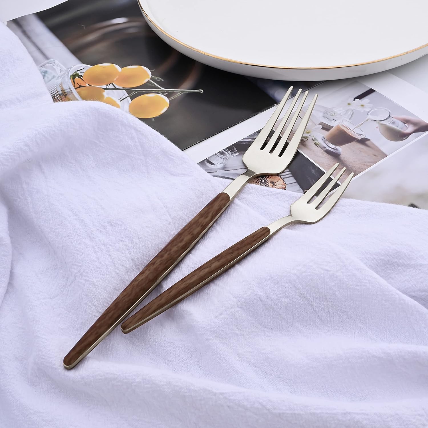 Juego de tenedores de cena de 6 piezas, tenedores de acero inoxidable con mango redondo de efecto de madera, tenedores para el hogar, cocina,