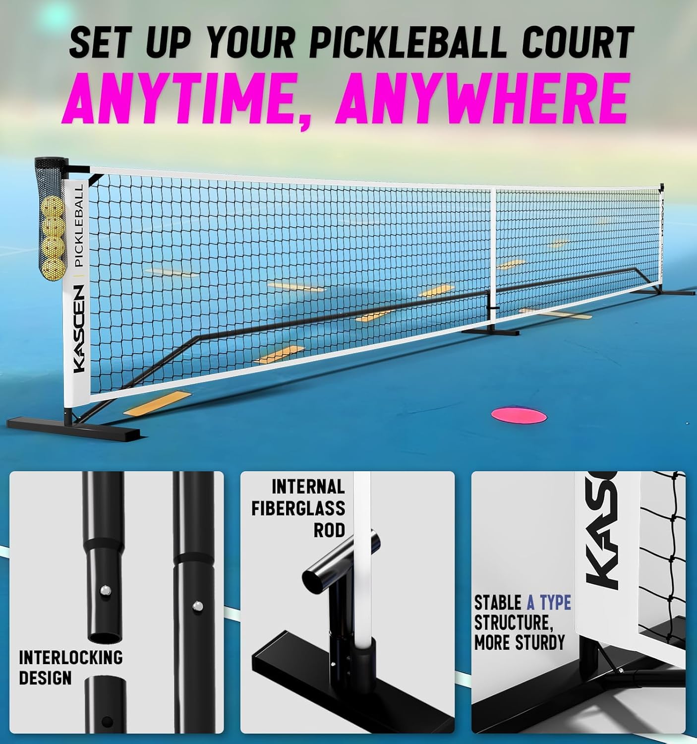 Portable Pickleball Net for Driveway – 22 FT Official Regulation Size Pick Ball Net with Wheels, Ball Holder,4 Balls,Court Marker and Bag for Indoor