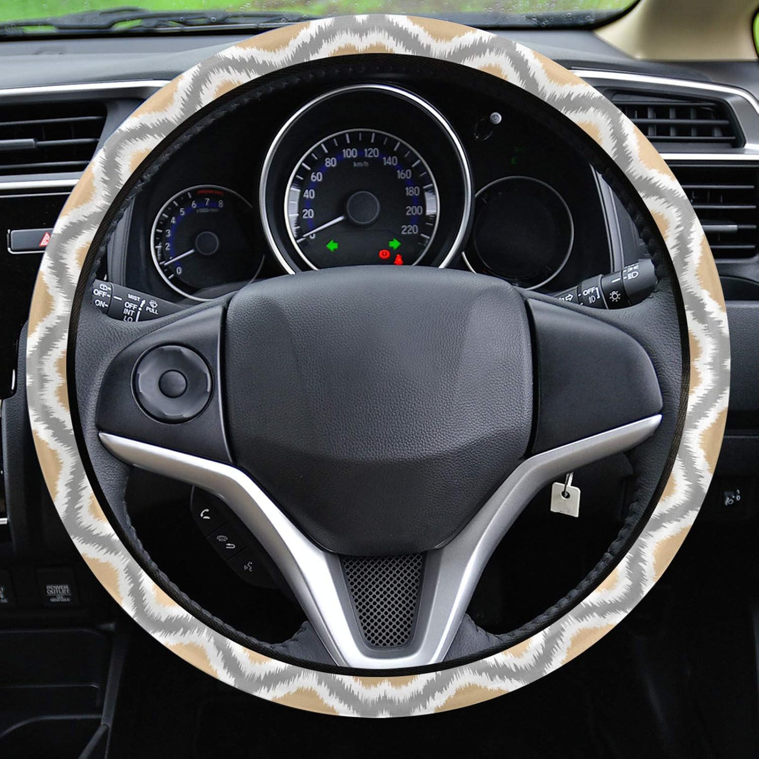 Car Steering Wheel Cover, Beige Gray Ethnic Boho Ikat Pattern Elastic Stretch Sponge Steering Wheels Protective Cover for Vehicles Trucks SUVs