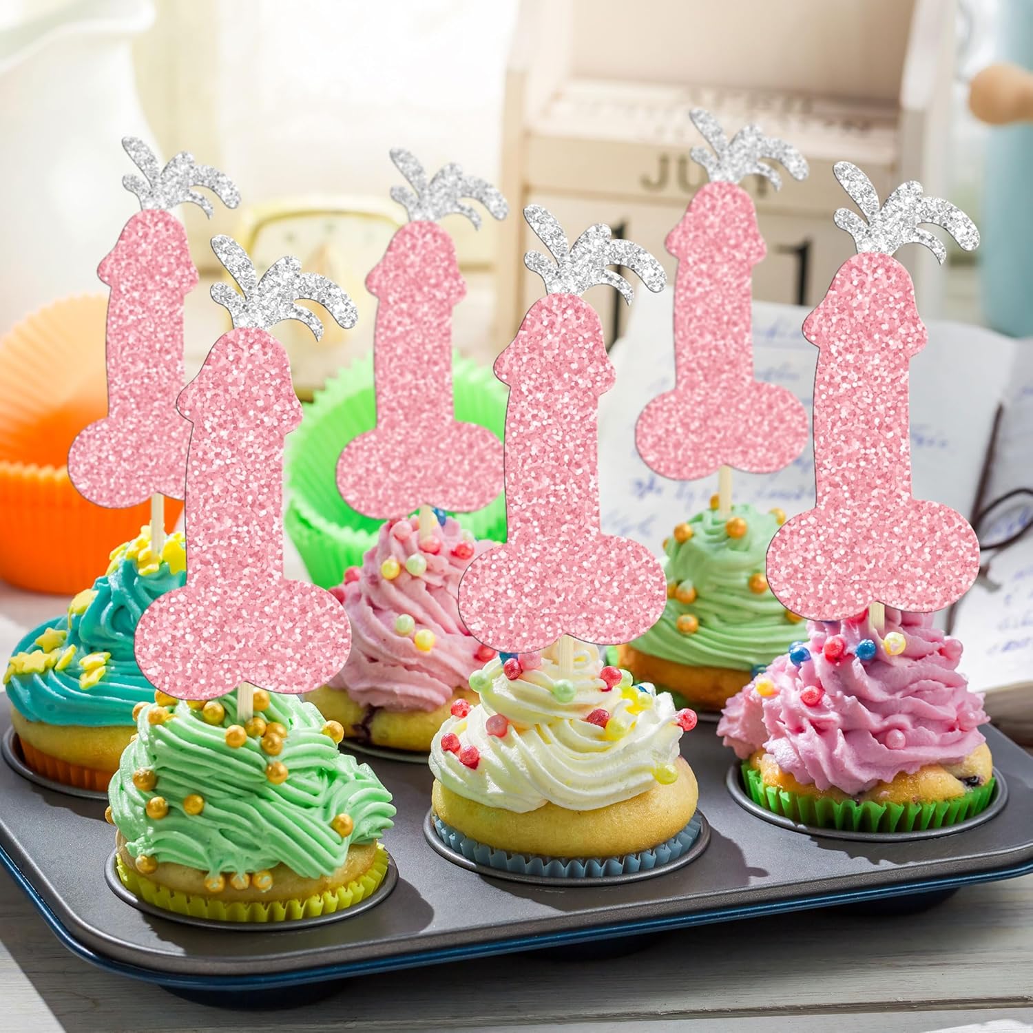 24 piezas de decoración de cupcakes para despedida de soltero con purpurina rosa, para despedida de soltera, decoración de pasteles para boda,
