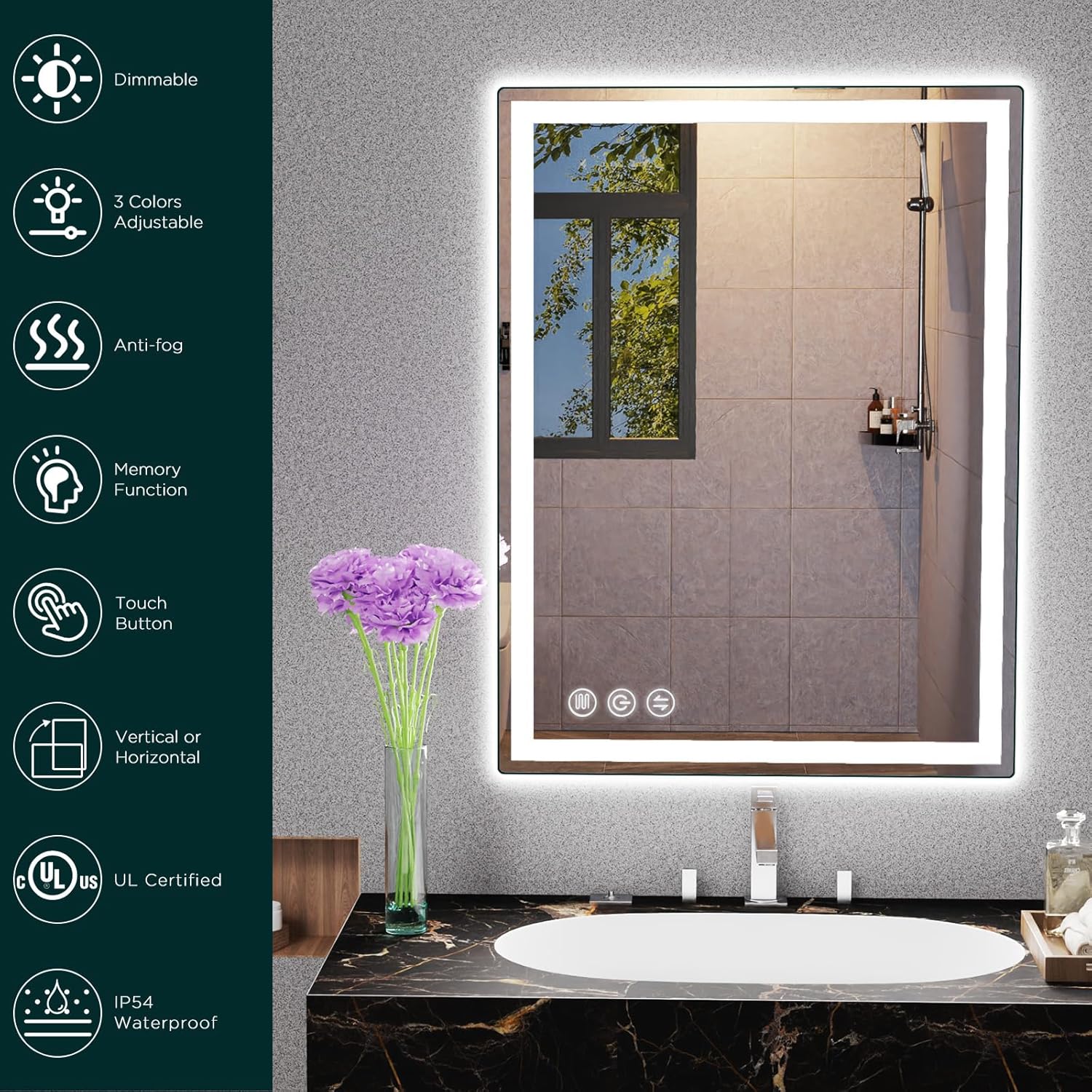 Espejo de baño LED para pared, espejo inteligente de 28 x 36 pulgadas con luces, espejos de pared delanteros y retroiluminados, certificación UL,