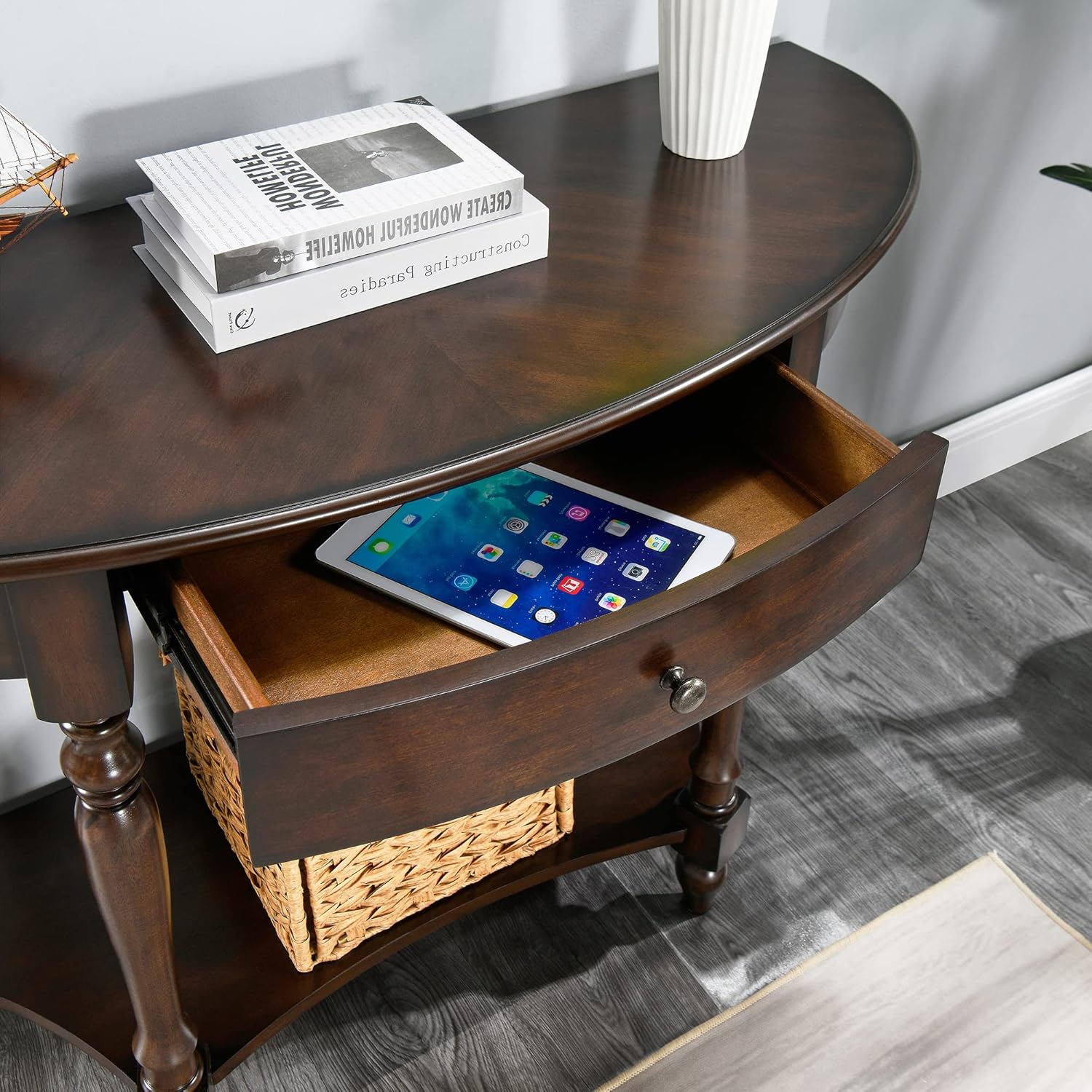 MODERION Mesa consola de madera maciza con cajón, mesa de entrada semicírculo con estante de almacenamiento, media luna tradicional elegante mesa de