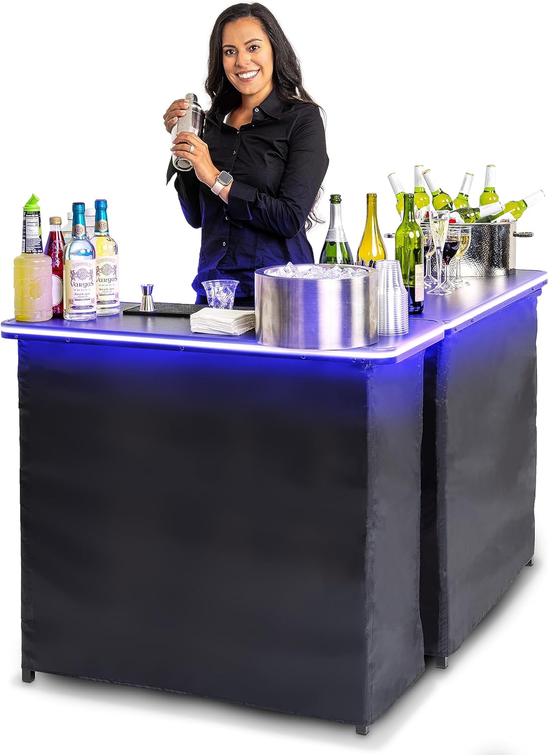 GoBar – Juego de mesa portátil de doble barra con luces LED multicolores, estación móvil de barman para eventos, incluye funda de transporte