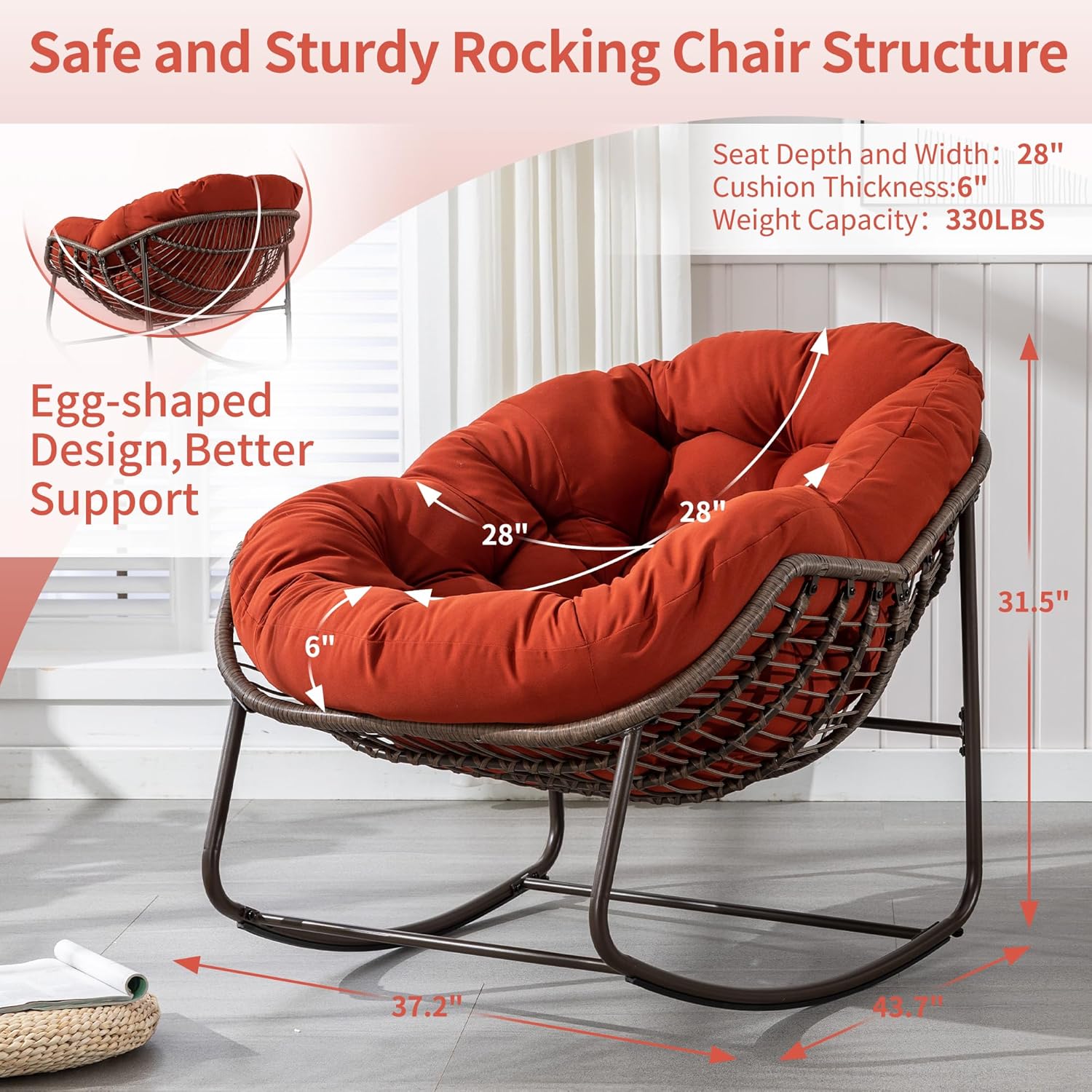 HOMEFUN Juego de 2 mecedoras para patio al aire libre, mecedora Papasan de gran tamaño con cojín acolchado, silla mecedora para porche delantero,