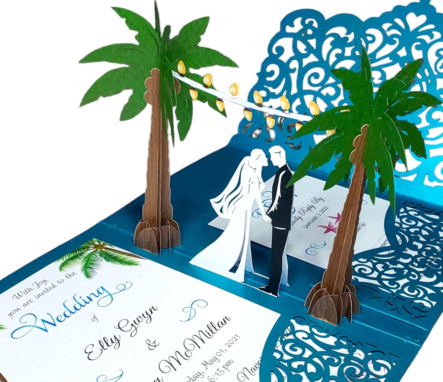 Invitaciones de boda con sobres, invitaciones de boda personalizadas con sobres y opciones rsvp disponibles. Invitación de boda emergente (Palmas)
