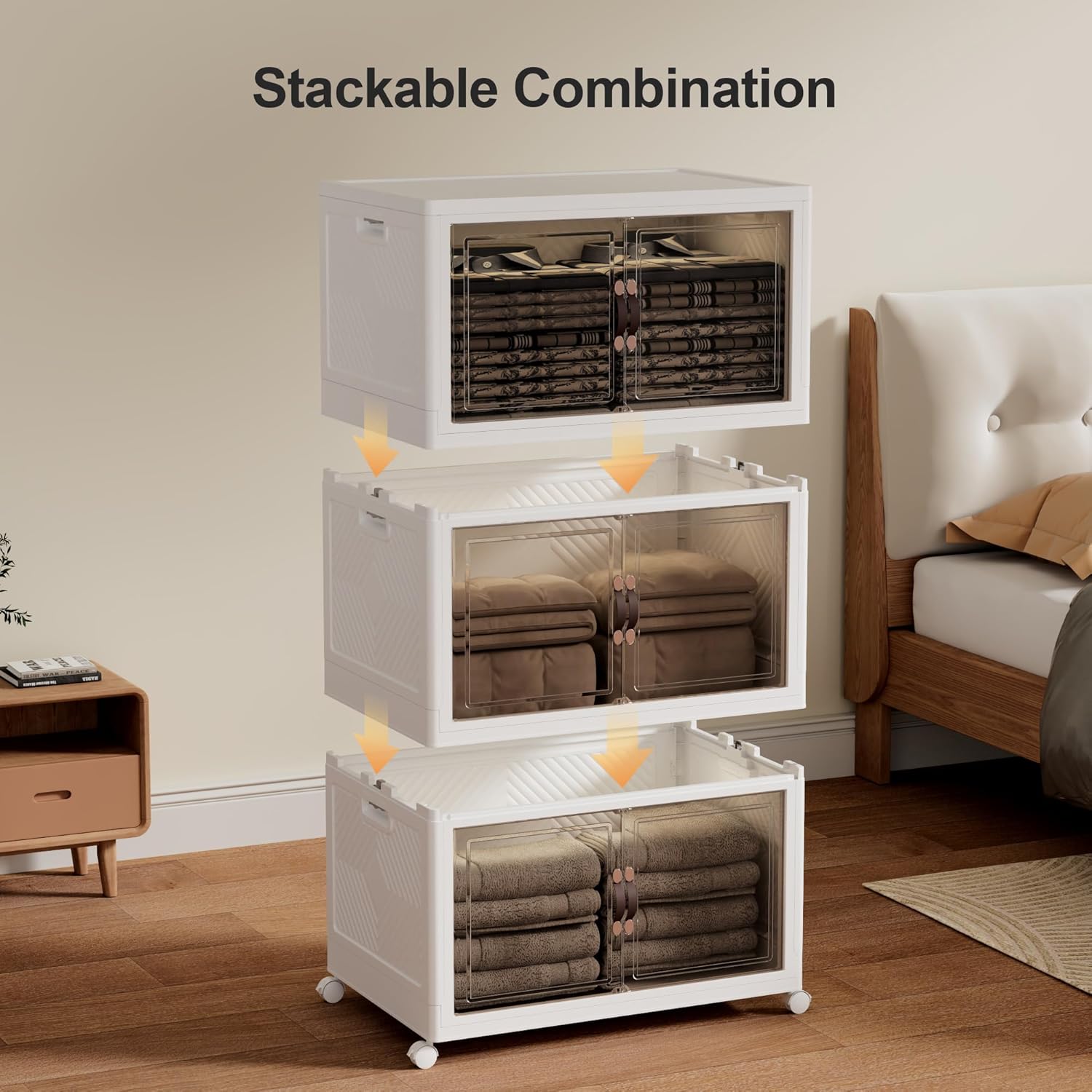 JOYMOOP Organizador plegable de almacenamiento, caja de almacenamiento plegable de 84 cuartos de galón con ruedas y puerta, contenedor de