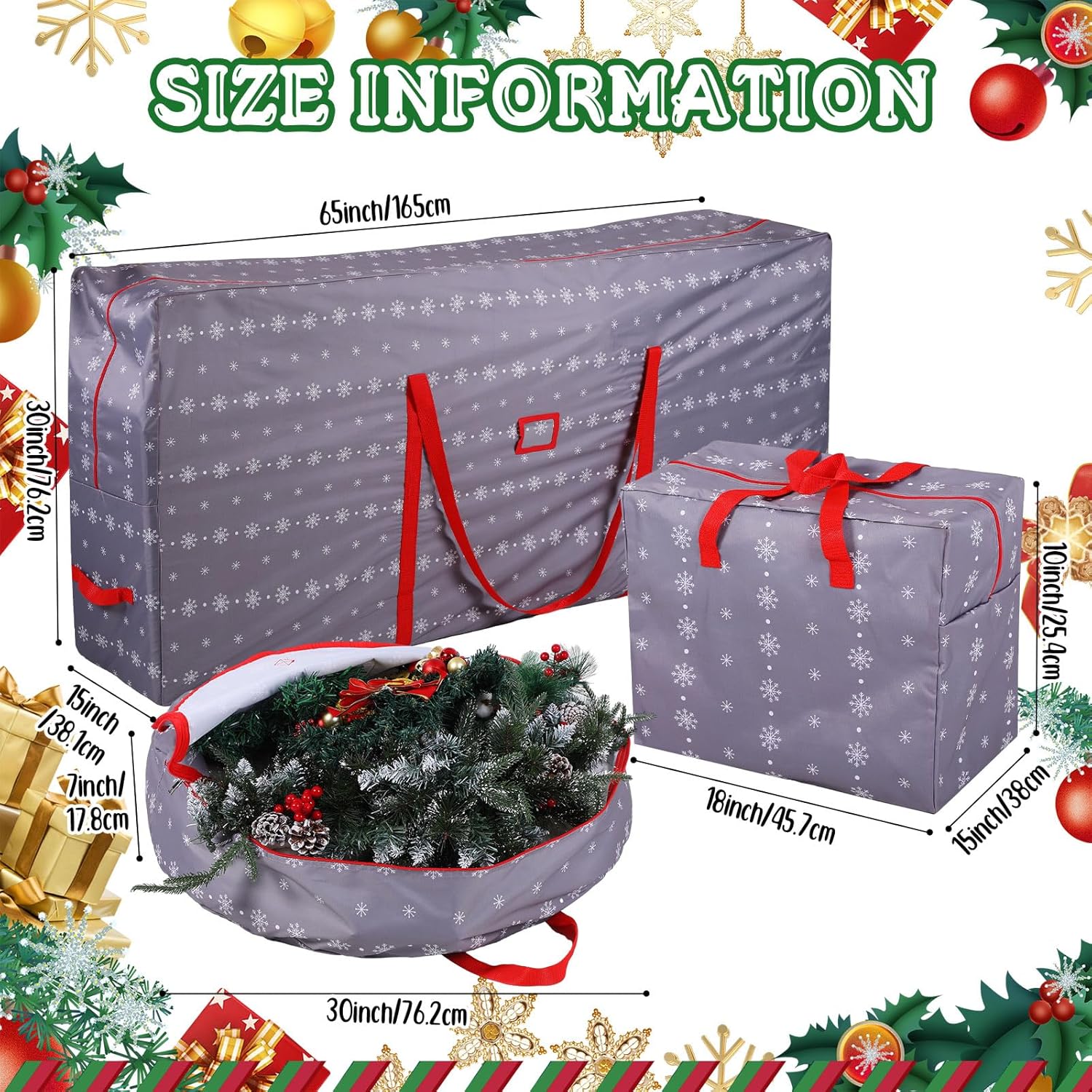 Juego de 3 bolsas de almacenamiento para árbol de Navidad de 65 x 30 x 15 pulgadas, bolsa de almacenamiento de corona de Navidad de 30 pulgadas,
