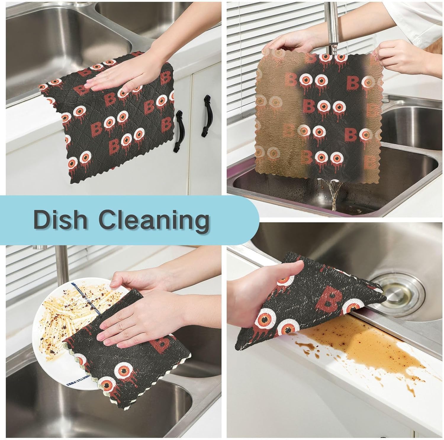 Halloween Bloody Eyes Boo 6 Pack Quick Dry Dish Clothes for Washing Dishes Decor Quality Flour Sack Kitchen Towels for Countertop Table