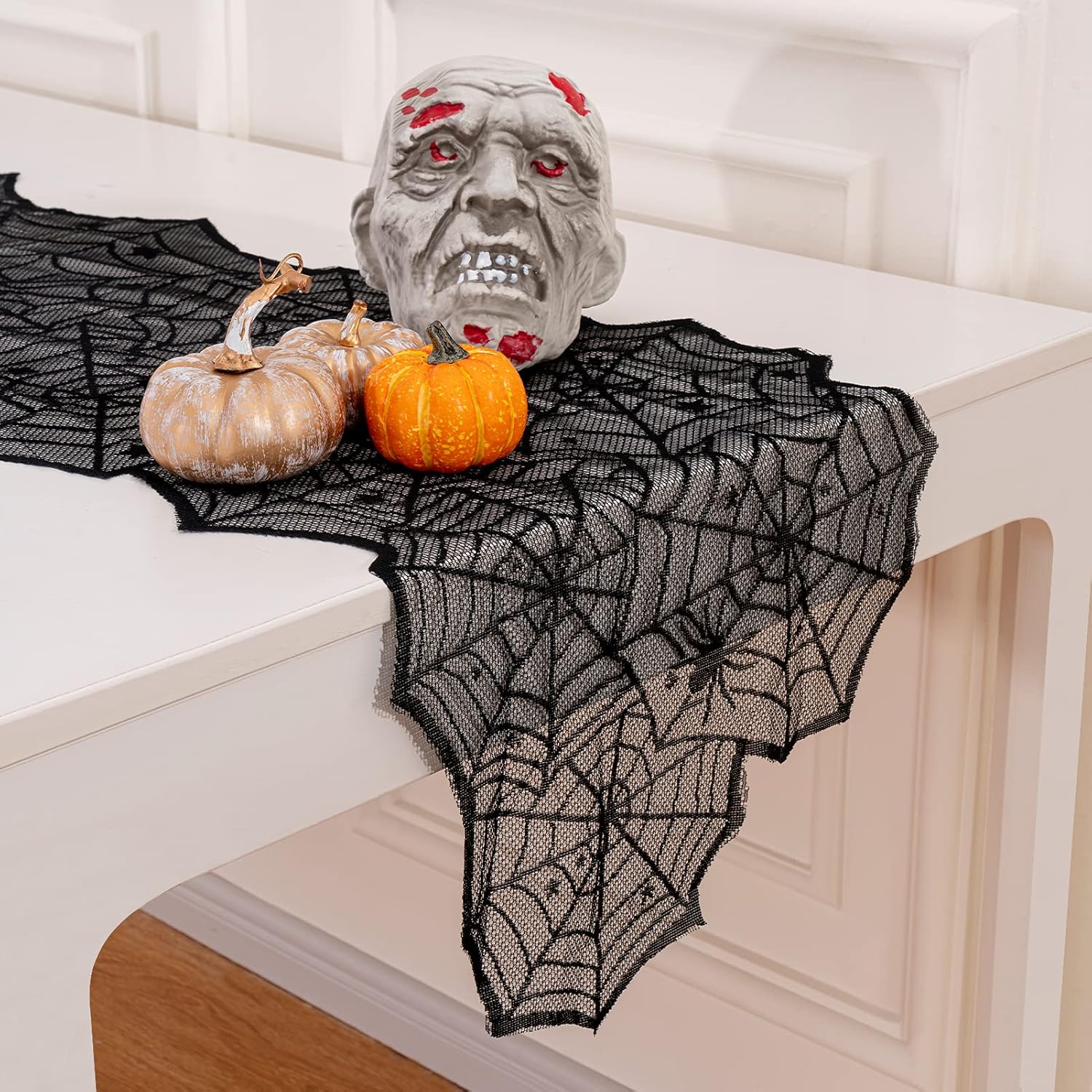 Paquete de 5 manteles de decoración de Halloween, camino de mesa de encaje negro, redondo, telaraña, mantel de chimenea, bufanda de telaraña,