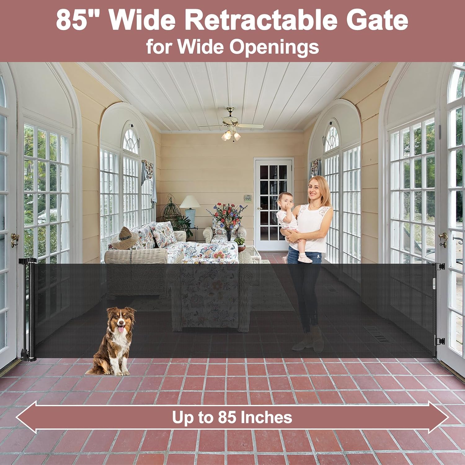 Puerta retráctil extra ancha de 85 pulgadas para bebé, puerta para interiores extra larga, puerta para perros al aire libre, puerta para perros