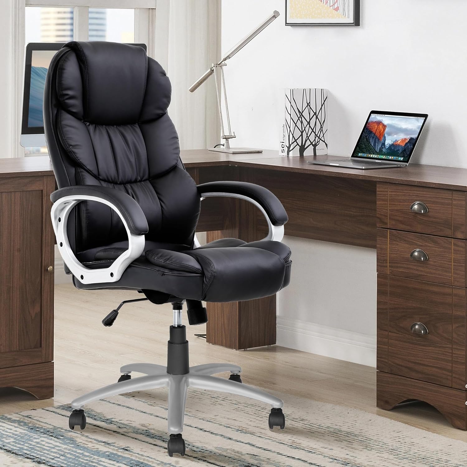 Silla de oficina ejecutiva de piel sintética con soporte lumbar, moderna silla de escritorio ergonómica ajustable con respaldo alto para oficina en