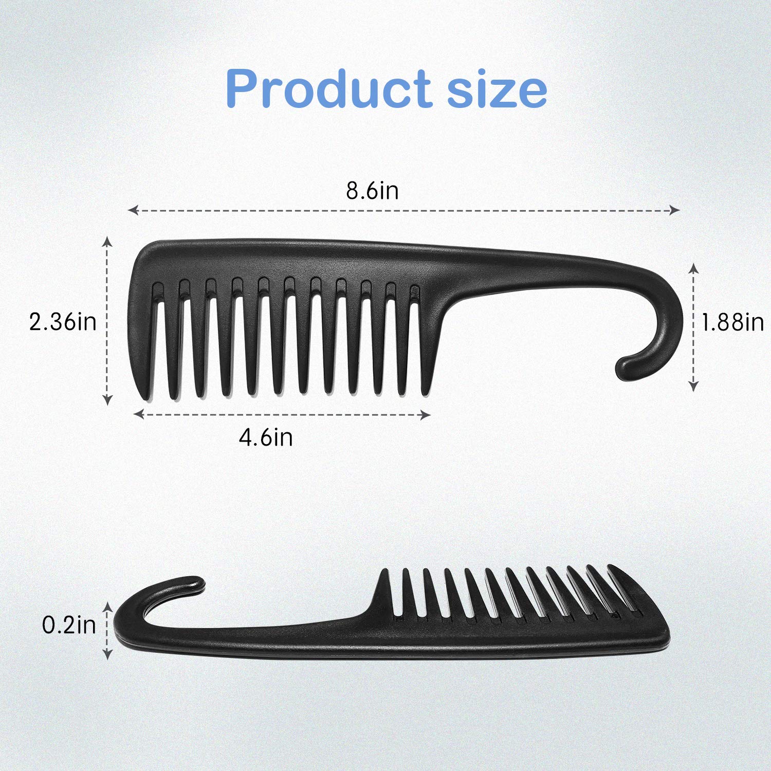 Wapodeai Peine de ducha de dientes anchos con gancho, bueno para cabello rizado húmedo y seco, peines de alta calidad sin enredos, color negro.