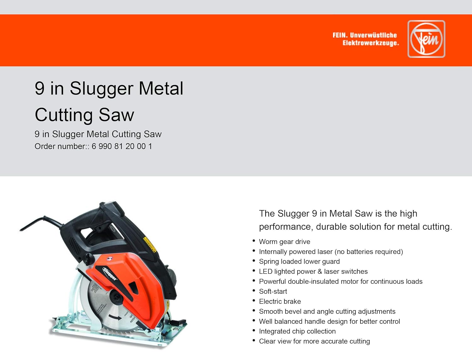 Jancy Slugger by Fein – Sierra de corte de metal de 9 pulgadas – 120 voltios, consumo de energía de 1800 W, velocidad de carga de 2300 RPM –