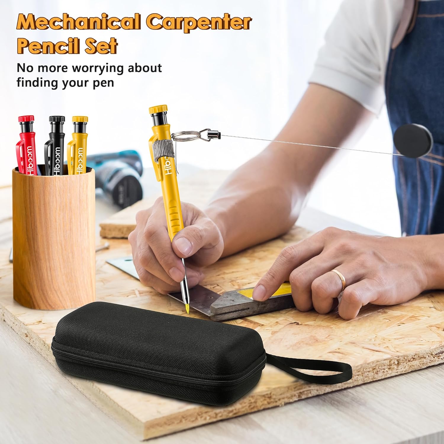 Hiboom Lápices de carpintero con soporte retráctil, lápices de construcción de marcadores de agujeros profundos con sacapuntas integrado y bolsa de
