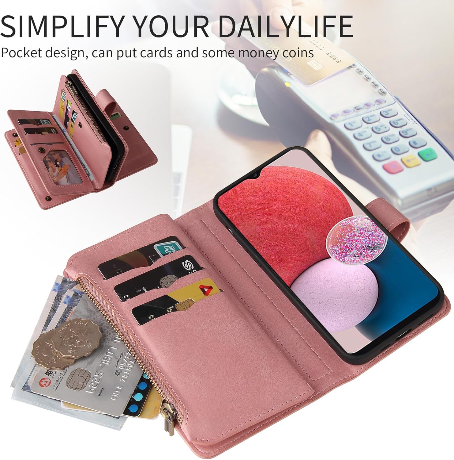 Asuwish Funda de teléfono para Samsung Galaxy A13 4G Funda tipo cartera con protector de pantalla de vidrio templado y correa para la muñeca de