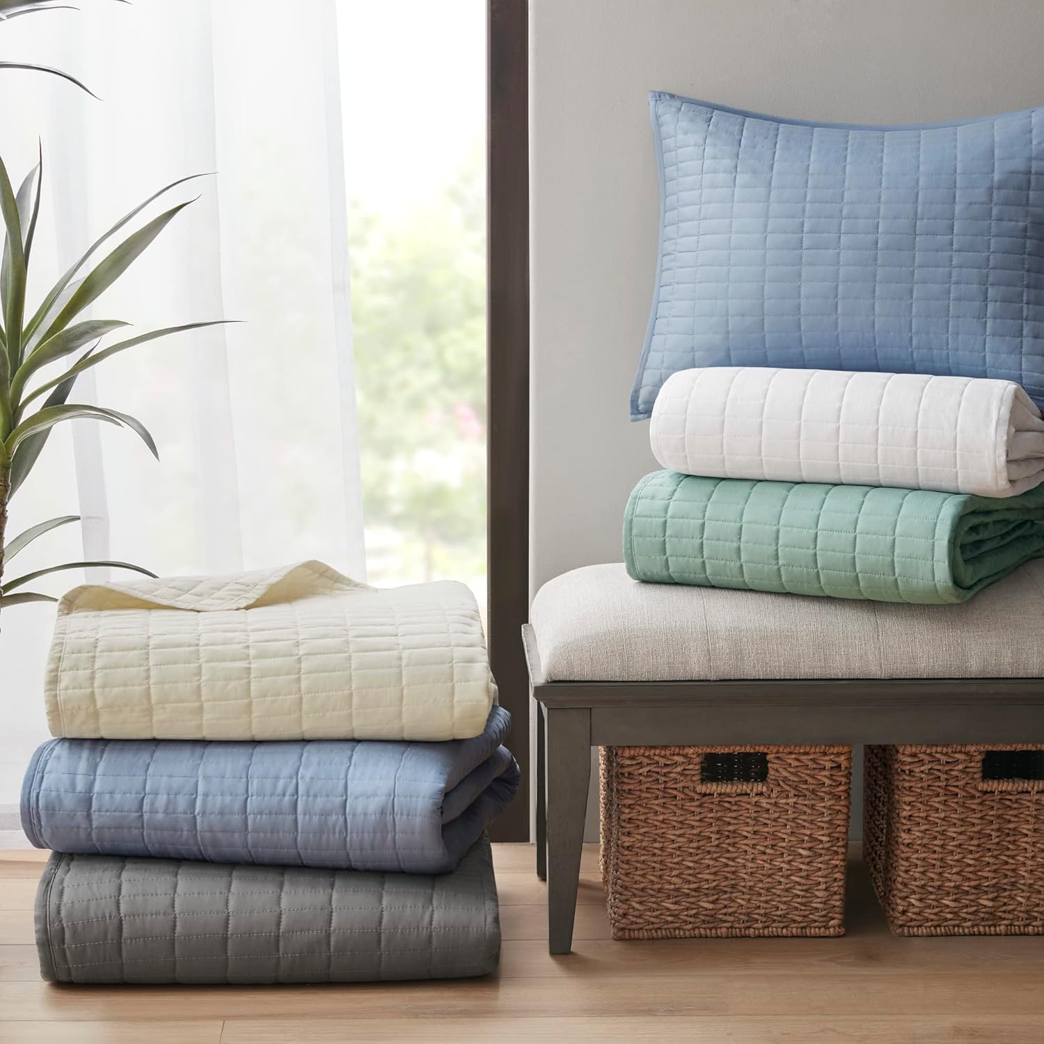 Comfort Spaces – Colcha tamaño King para todas las estaciones, con diseño de costuras doble cara, manta de verano suave a juego con fundas de