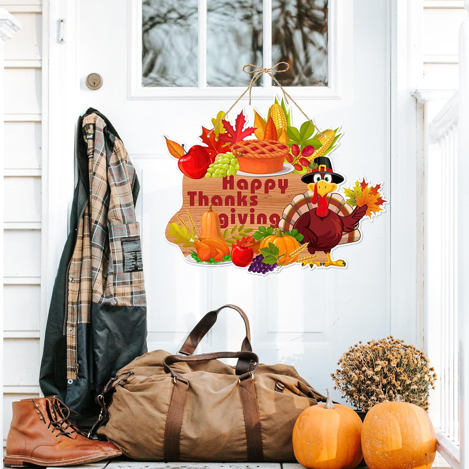 Decoración de otoño para colgar en la puerta delantera del hogar de Acción de Gracias, 3 piezas de otoño, calabaza, pavo, hojas de papel naranja,