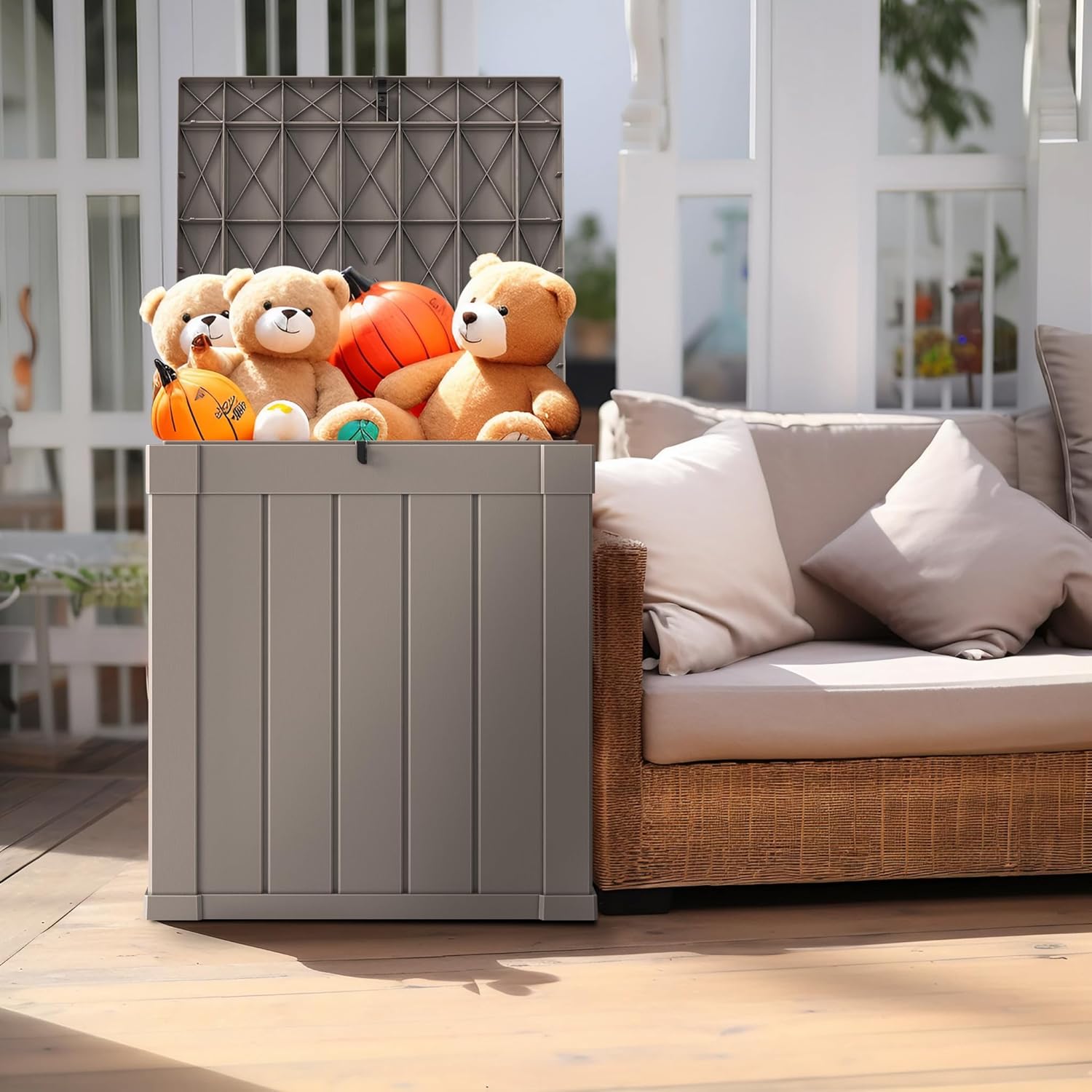KFY Caja de cubierta de 50 galones, material de resina para todo tipo de clima, caja de almacenamiento al aire libre, fácil de instalar y portátil,