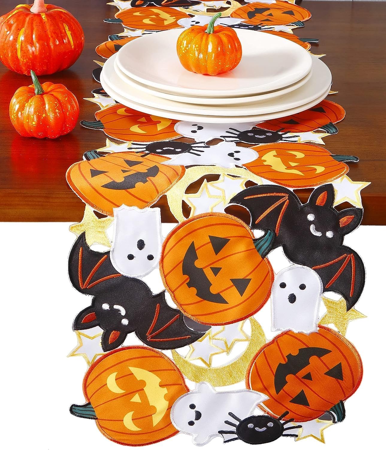 Camino de mesa de otoño de Halloween de 13 x 36 pulgadas, apliques bordados, calabazas de arce y murciélagos, bufanda de tocador para el hogar,