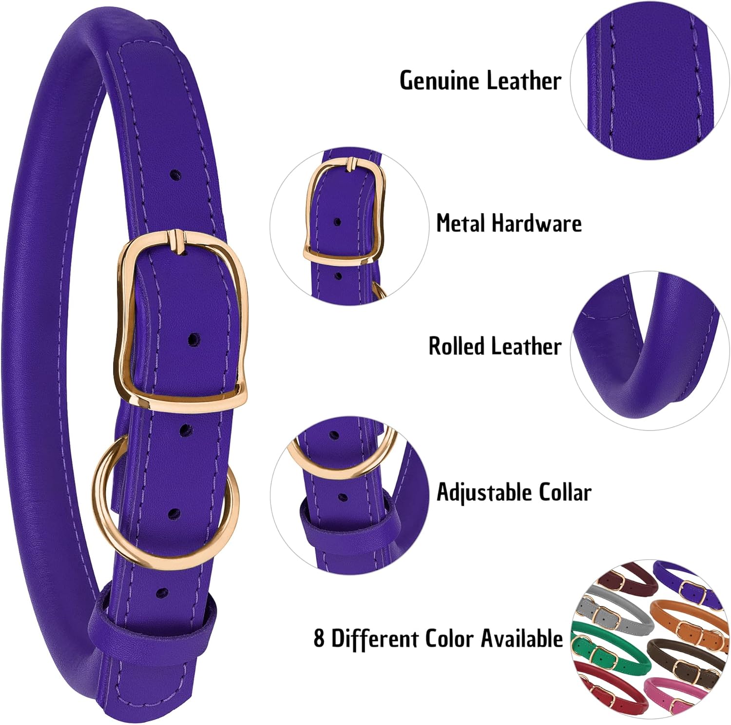 Collar de cuero enrollado para perro, collar ajustable de cuerda redonda para perros pequeños, medianos y grandes, cachorros, rosa, morado, verde,