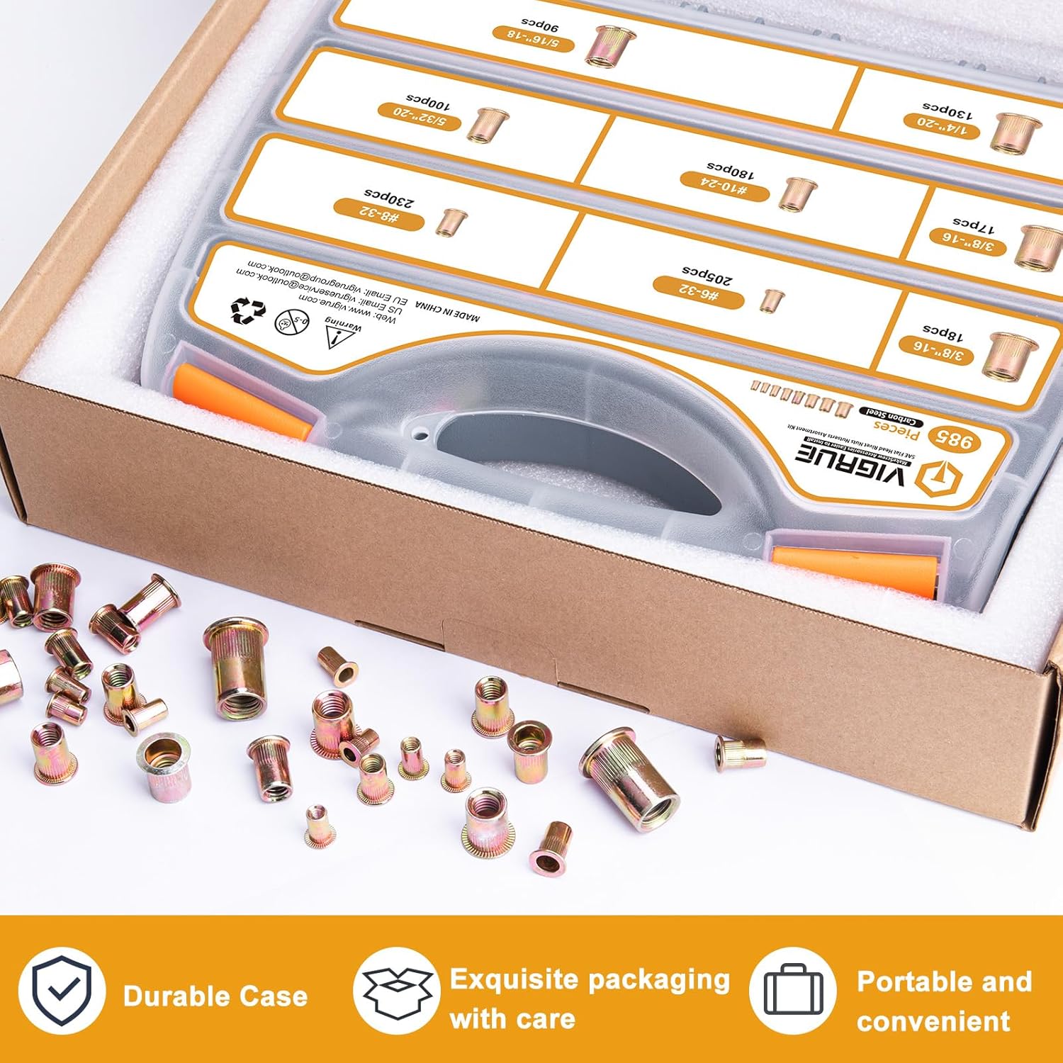 VIGRUE 985PCS SAE Kit surtido de tuercas remachadoras con estuche portátil Surtido Nutserts Rivnuts #6-32, 8-32, 10-24, 532-20, 14″-20, 516″-18,
