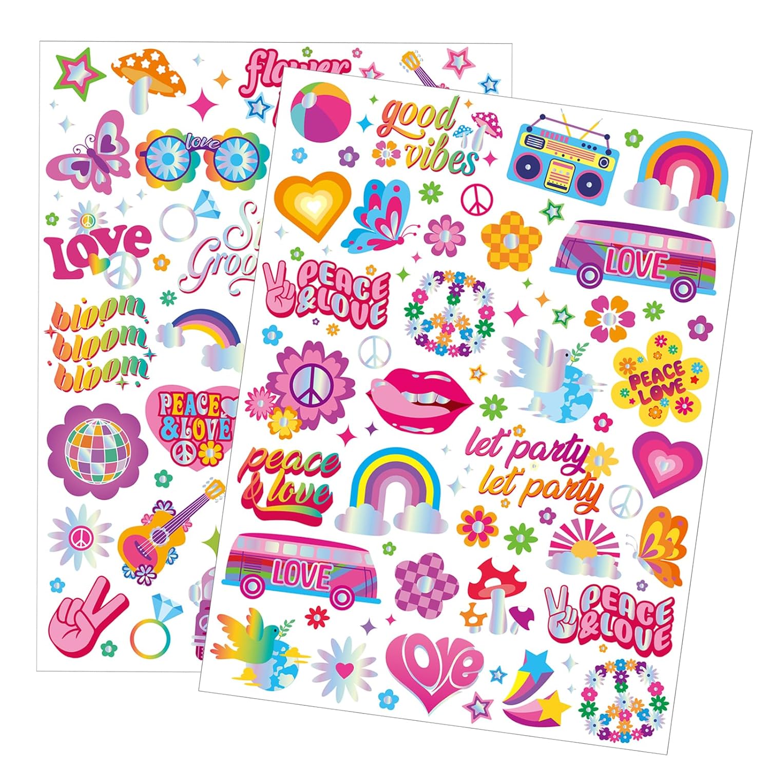 Qpout 86 tatuajes temporales hippie con purpurina para niños, impermeables, brillantes, estilos de plata, flor, poder, amor y paz, tatuajes geniales