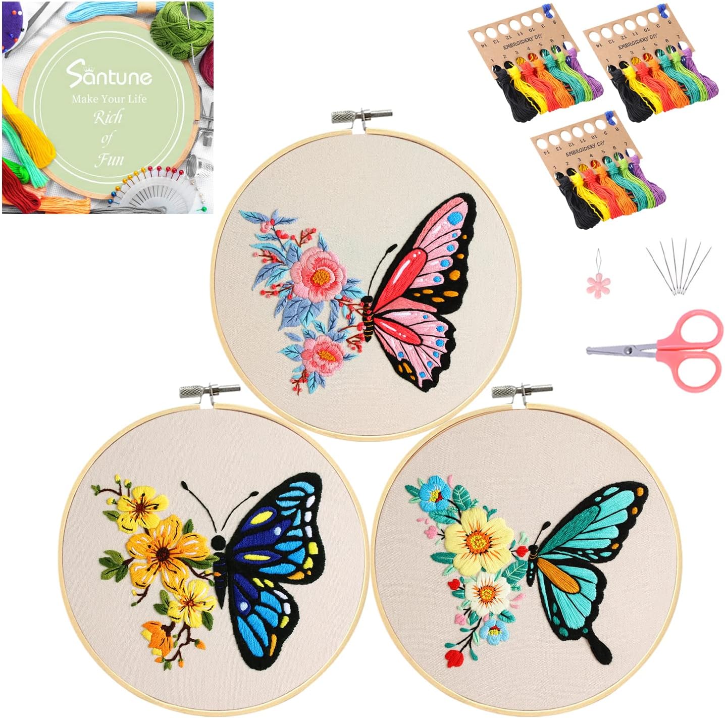 Santune Kit de bordado para principiantes y adultos, kit de punto de cruz para principiantes, bordado a mano con patrones de mariposas e