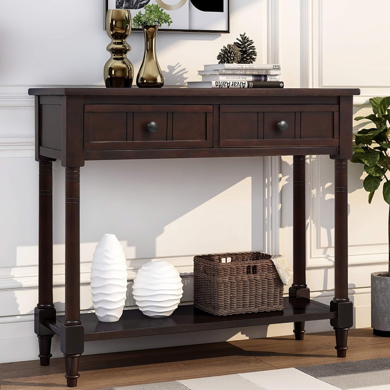 P PURLOVE Mesa de sofá con cajones, mesa de entrada, mesa consola de madera con dos cajones de almacenamiento y parte inferior para sala de estar